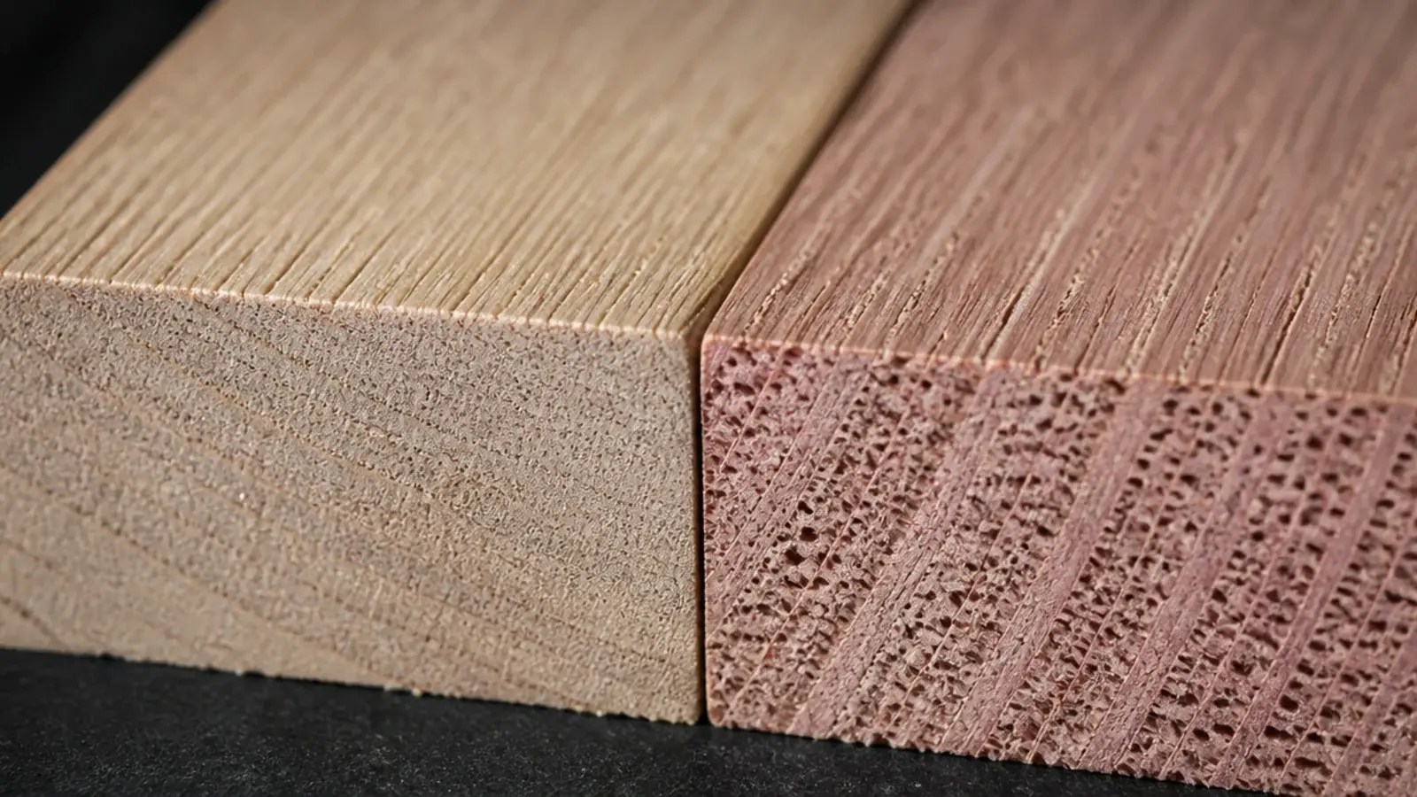 two oak samples side by side showing closed and open pore structure