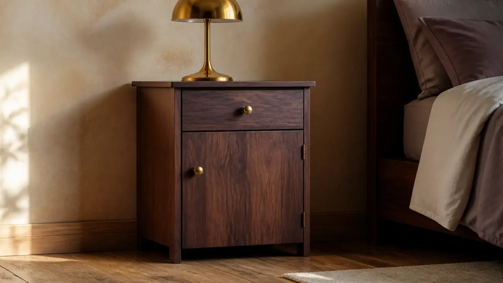 chocolate toned walnut bedside cabinet against a pale plaster wall