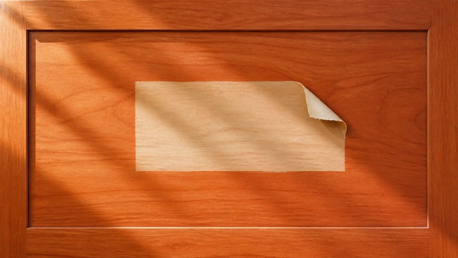 cherry panel half covered showing the tone difference after sunlight