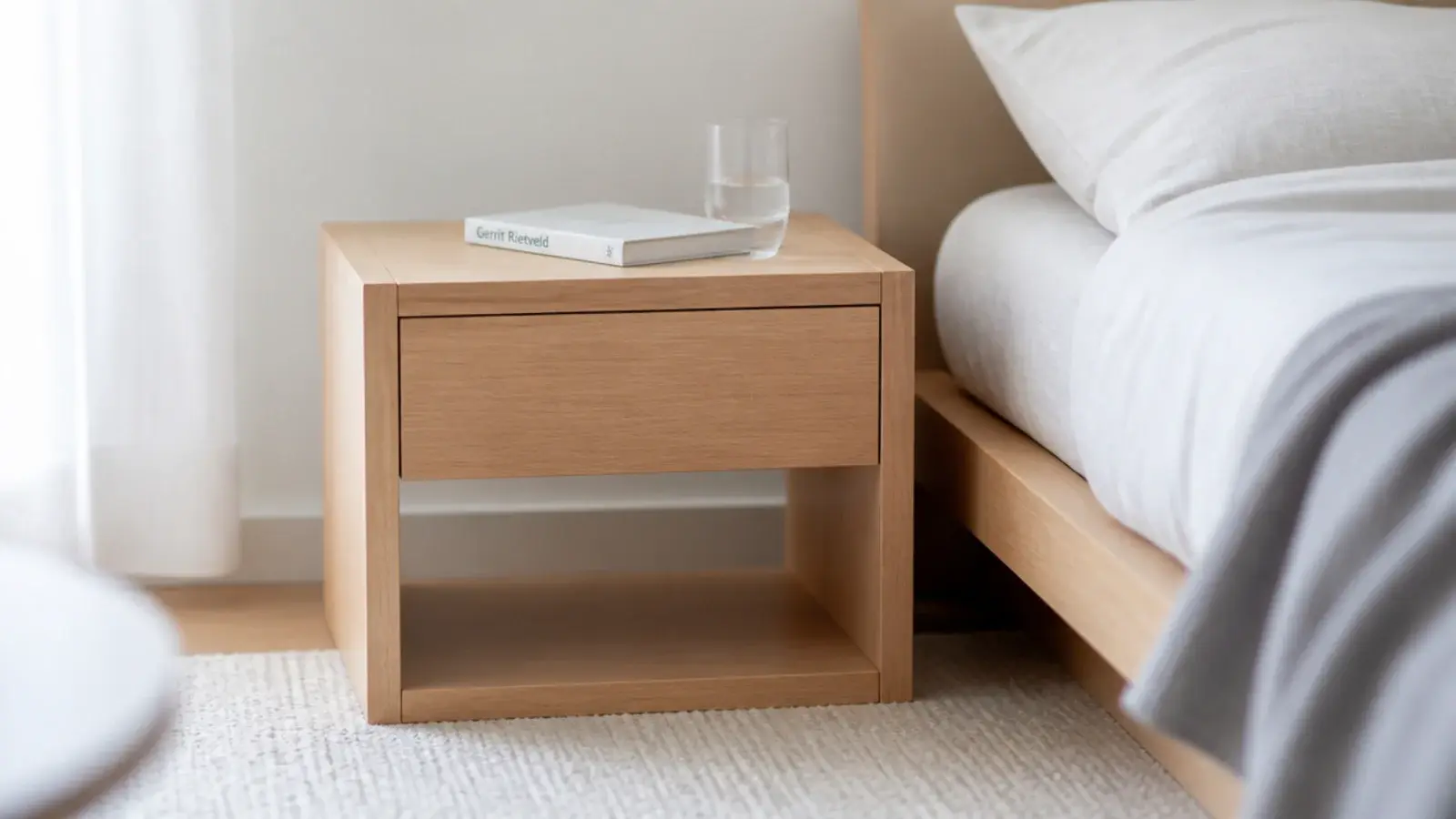 plain beech bedside table with tight even grain and small flecks