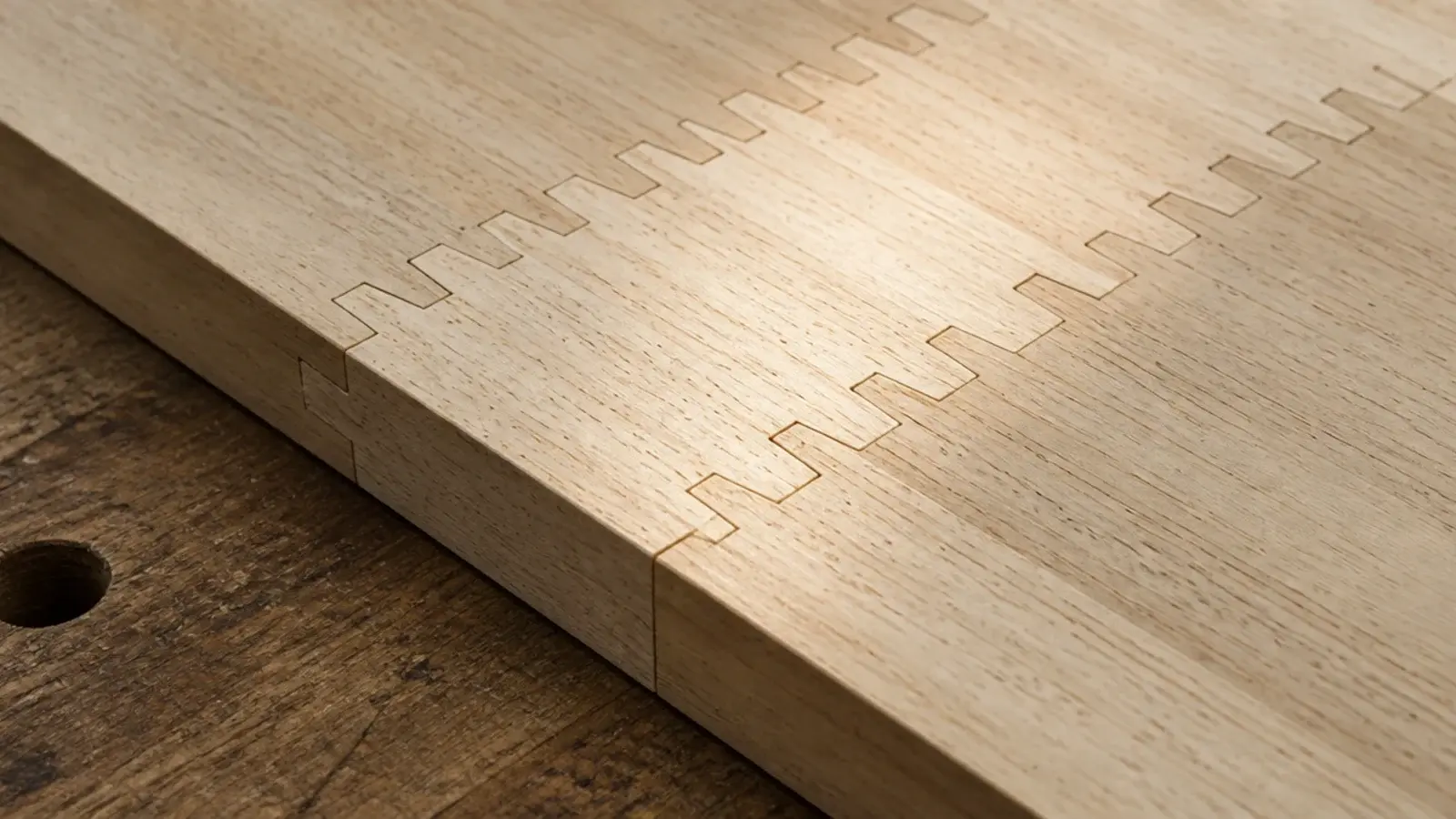 finger jointed rubberwood panel showing repeating zigzag glue lines