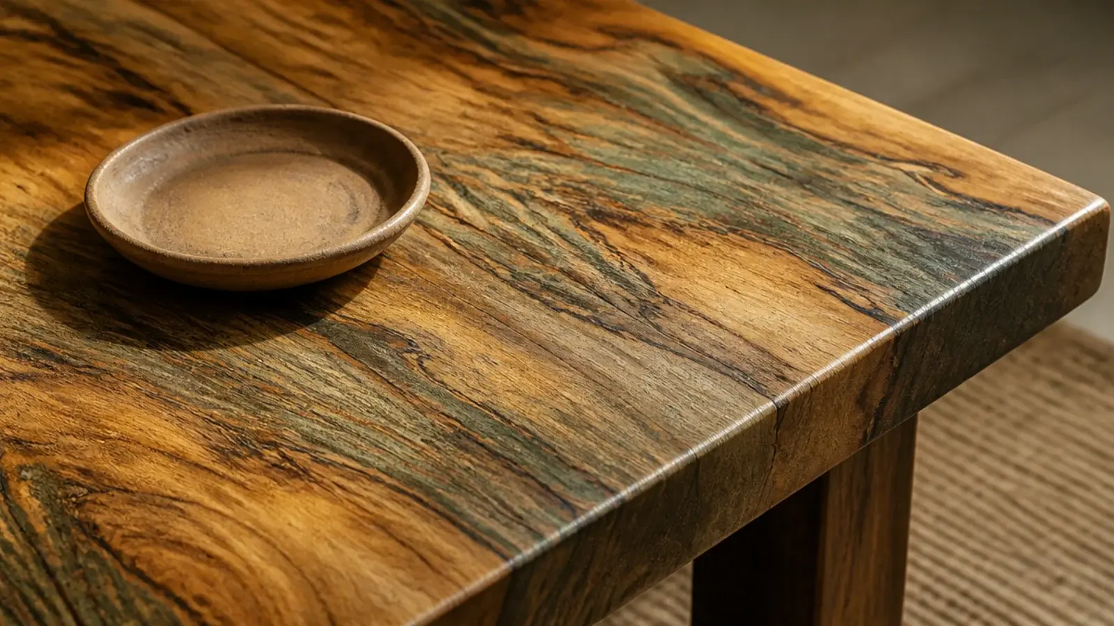 mango wood table showing streaked golden and grey green figure