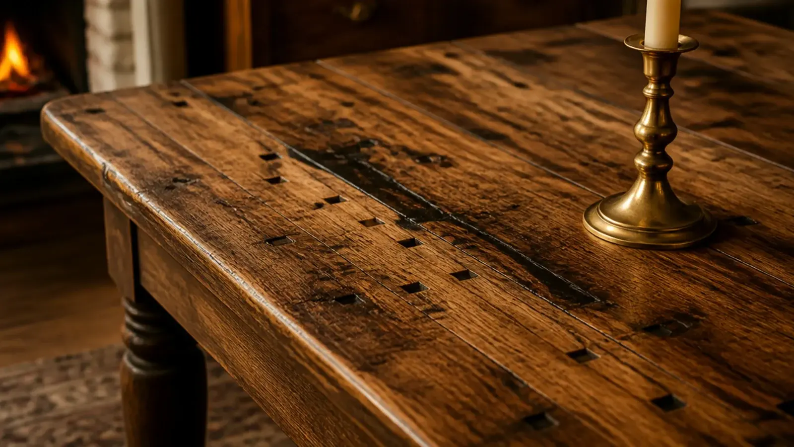 reclaimed pine top with old nail holes and darkened resin streaks