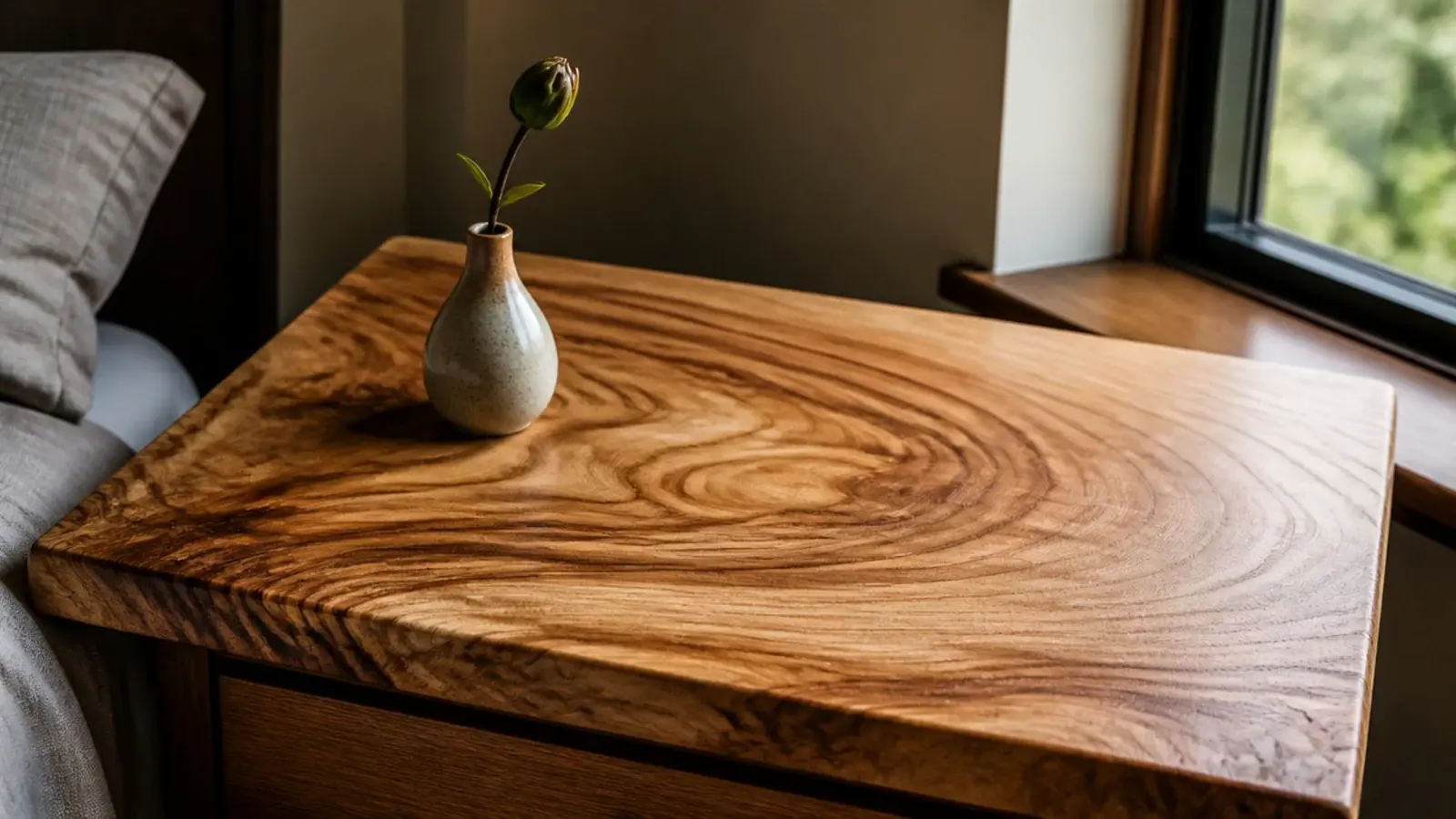 elm tabletop with swirling interlocked grain across a wide board