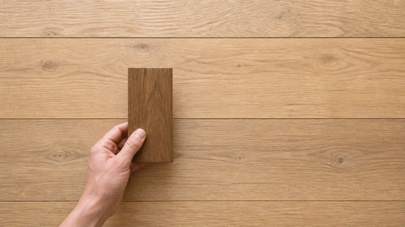 timber sample held against a floorboard comparing warm and cool tones