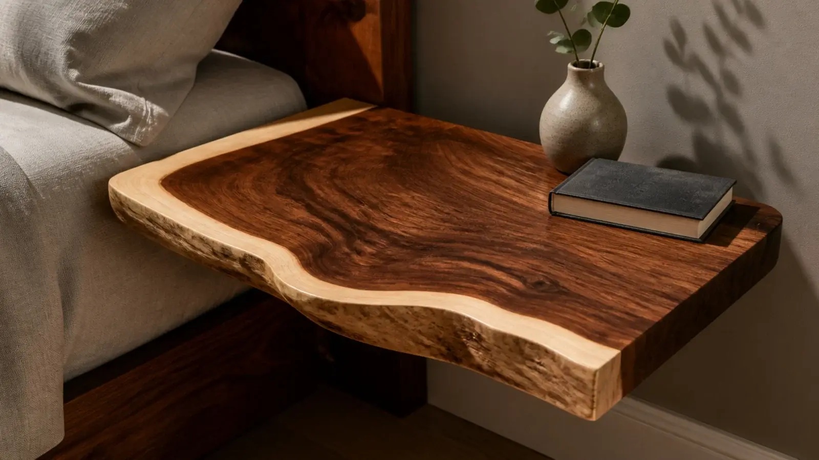 live edge slab top with pale sapwood band along its natural edge