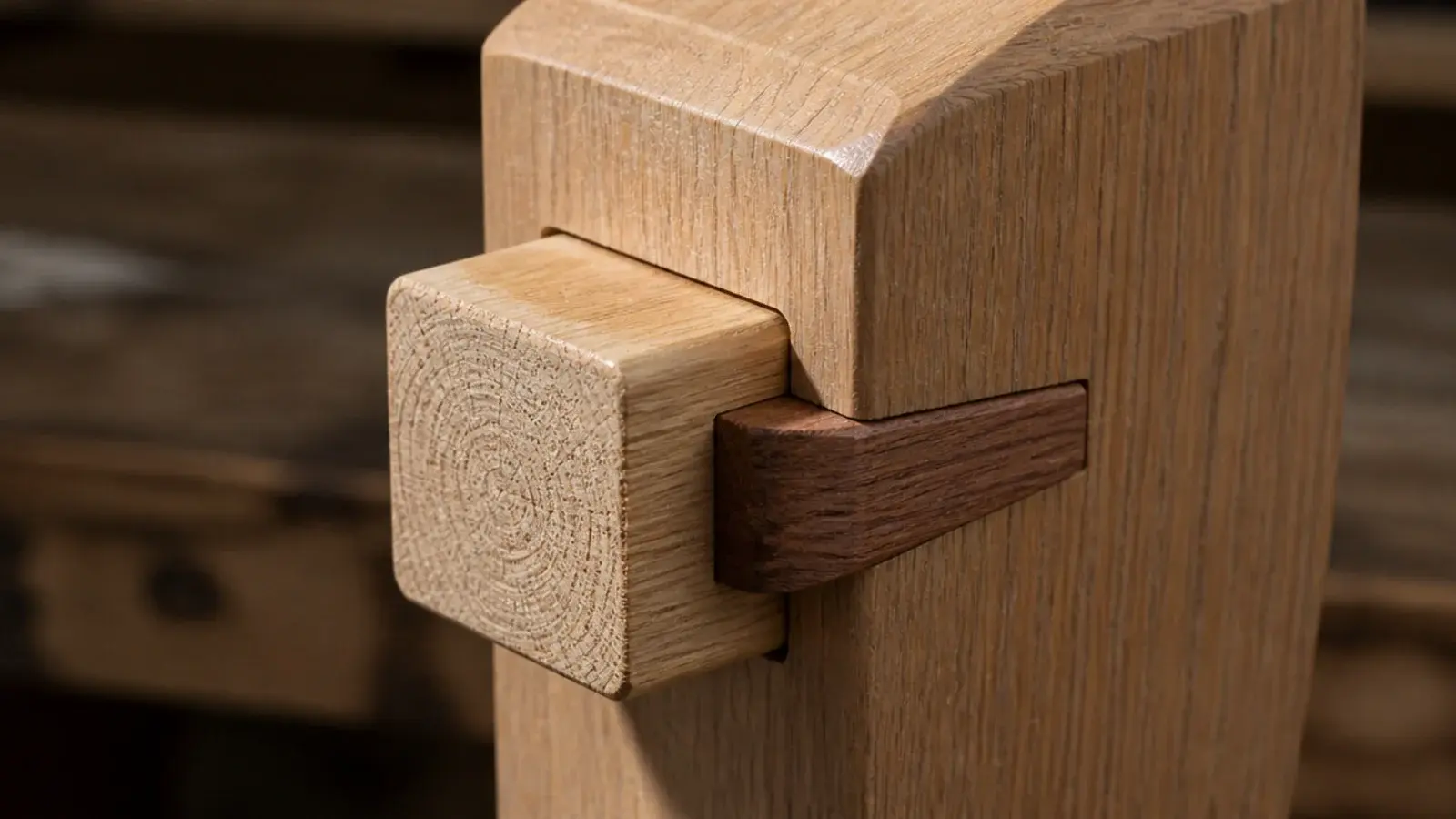 square tenon end showing proud through a table leg with a wedge