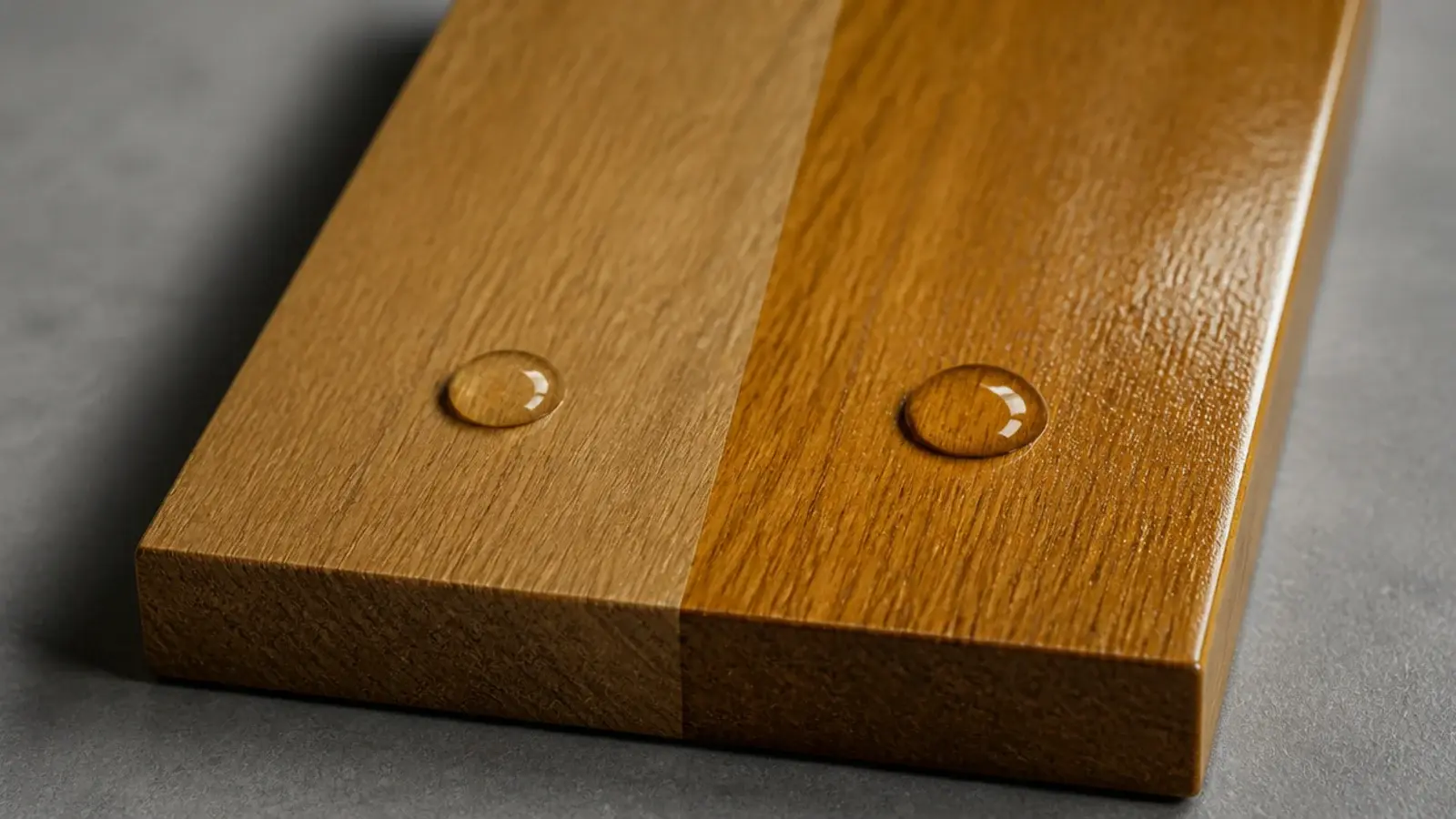 two halves of a timber board finished in matte oil and glossy varnish