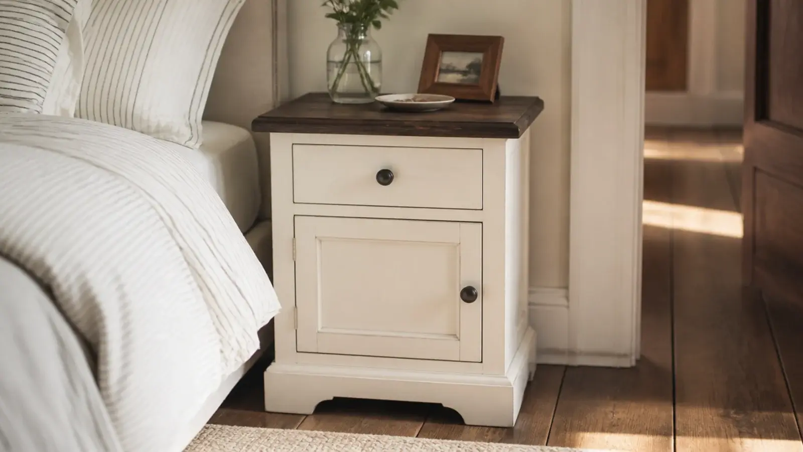 bedside table with a dark stained top above a pale painted base