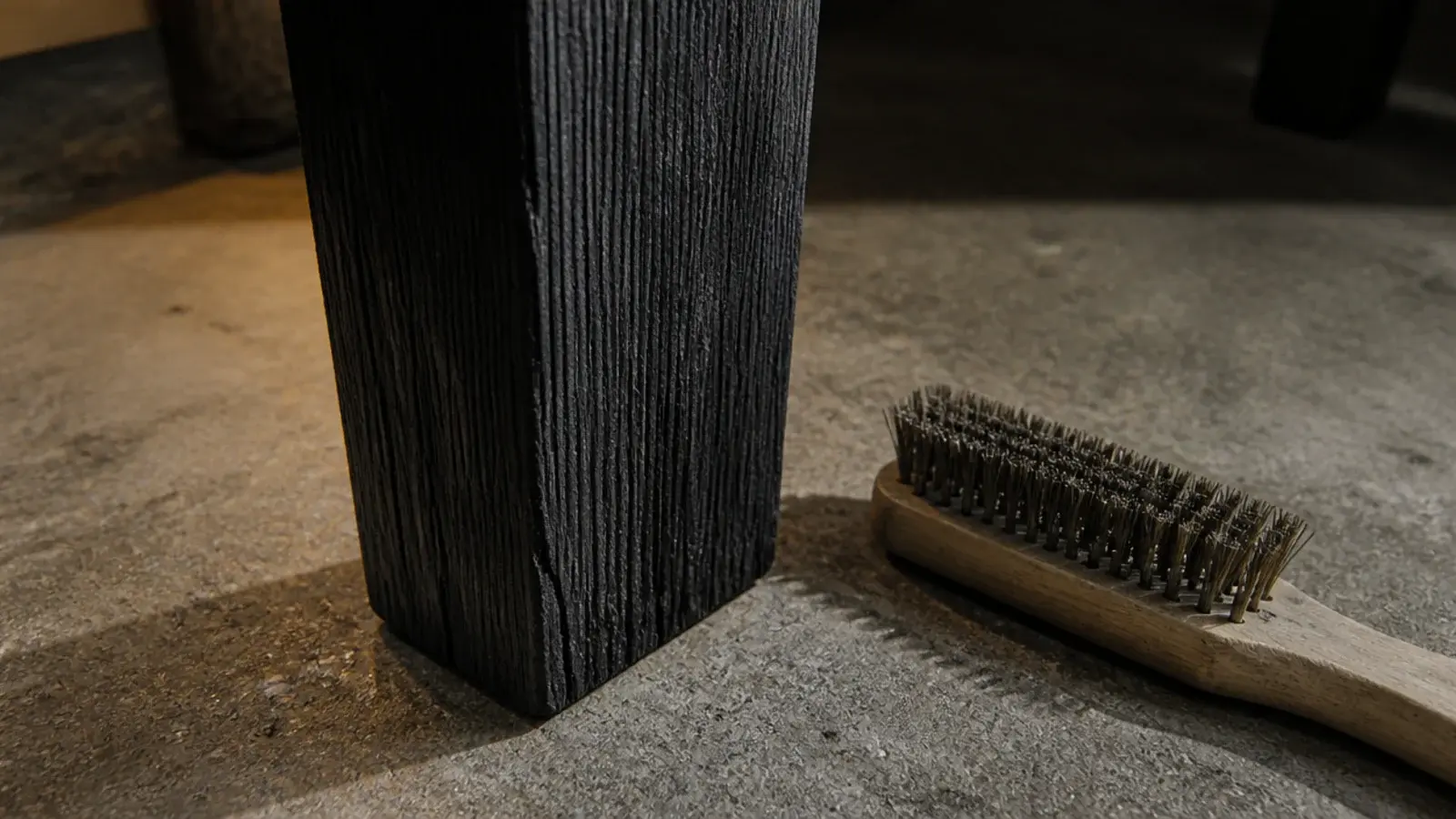 charred timber base with a blackened brushed grain texture