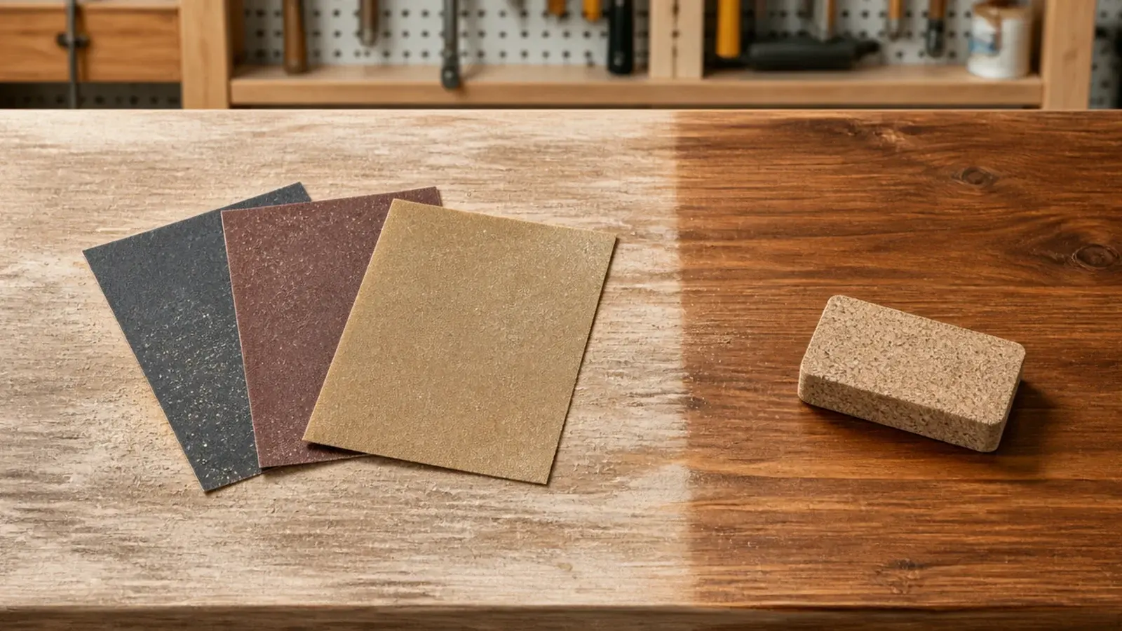 sanding block and three grit papers laid across a partly sanded top