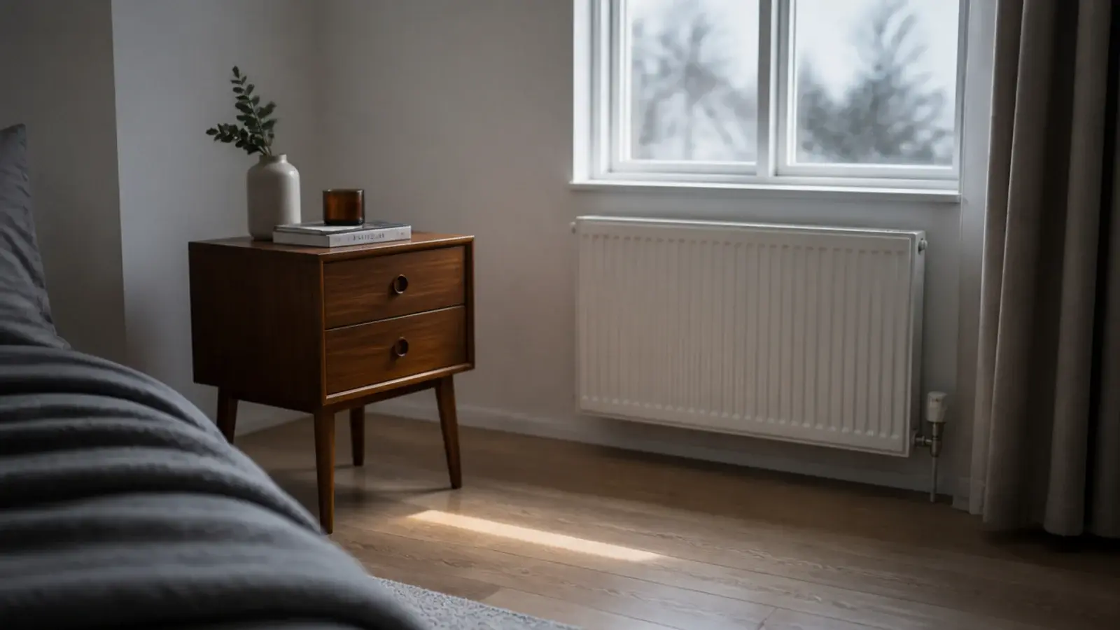 wooden bedside table positioned away from a radiator under a window