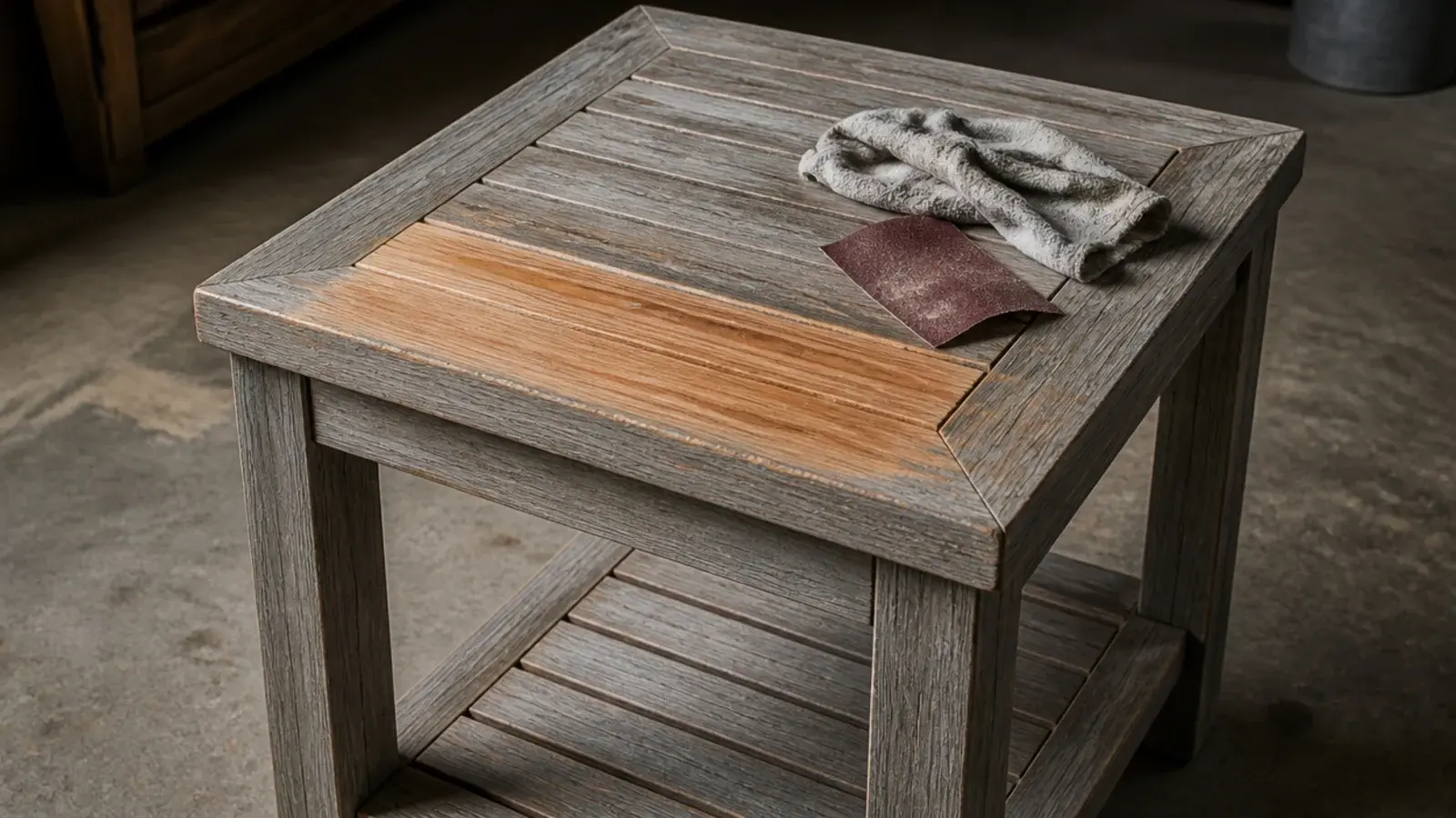 faded teak side table part way through being sanded back to colour