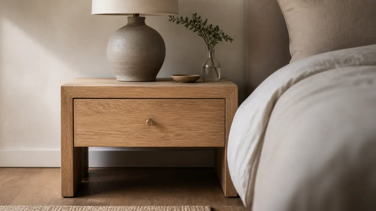 wooden bedside table in white oak showing open grain beside linen bedding