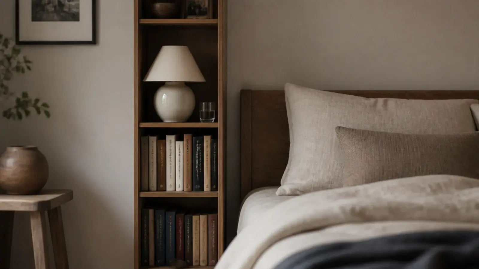 slim eighteen inch bookshelf tower used as a bedside nightstand