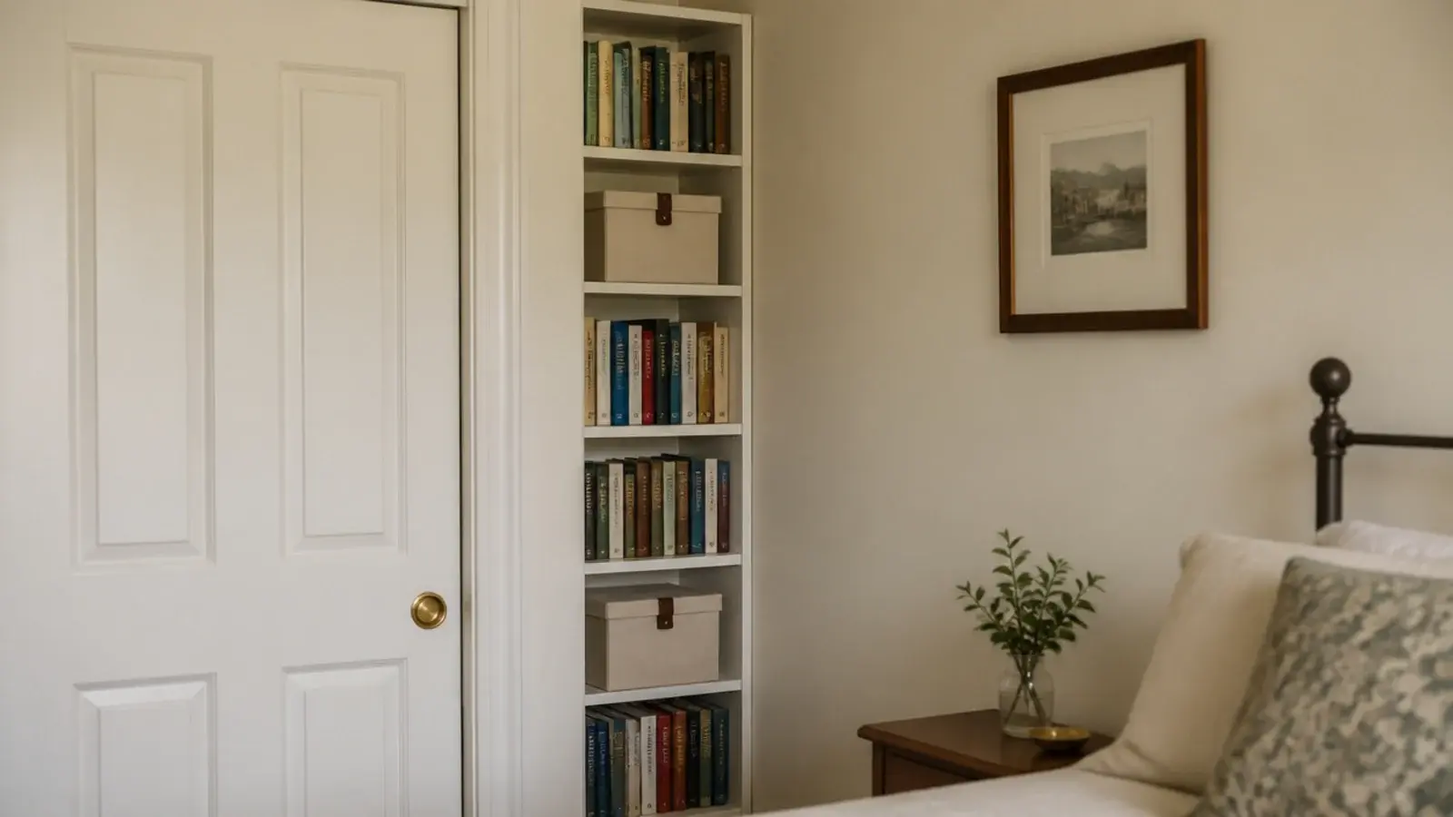 narrow tall bookshelf column filling the gap beside a closet door