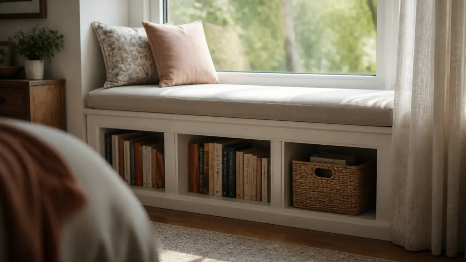window seat base fitted with open cubbies holding bedroom books