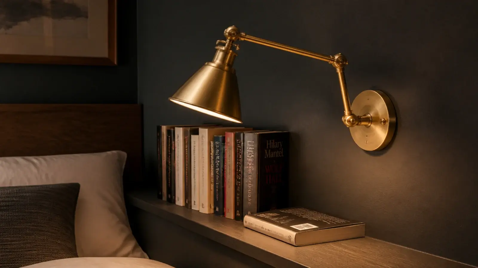 brass swing arm wall lamp mounted beside a bedroom book ledge