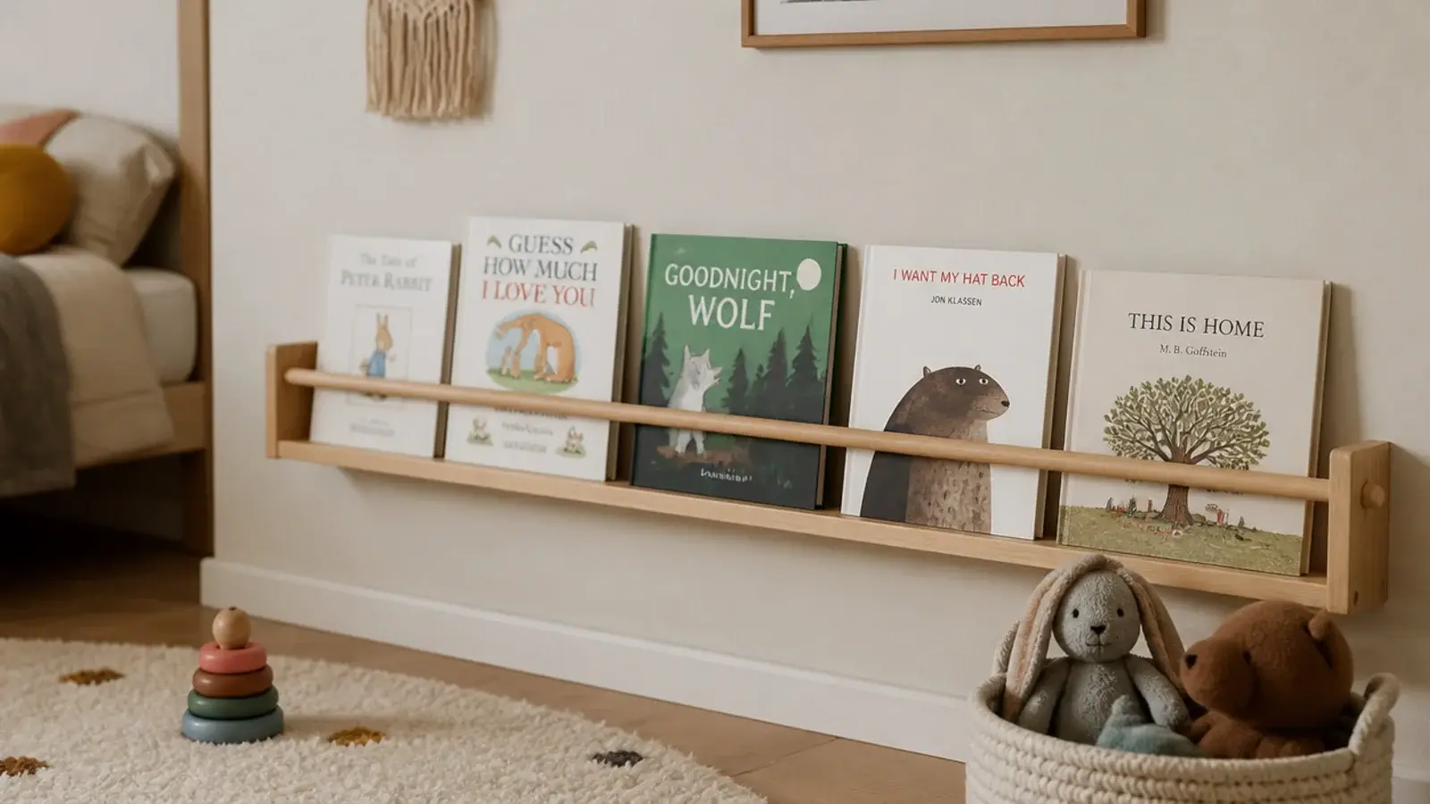 low rail shelf displaying picture books cover out in a child room