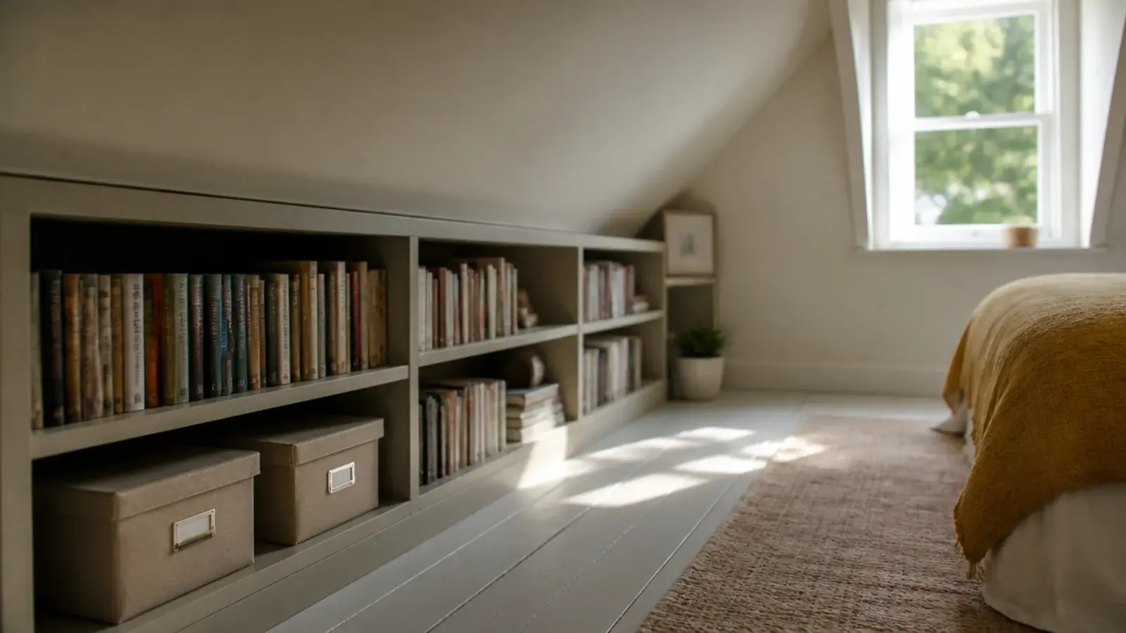 low bookshelf run tucked beneath the slope of an attic bedroom