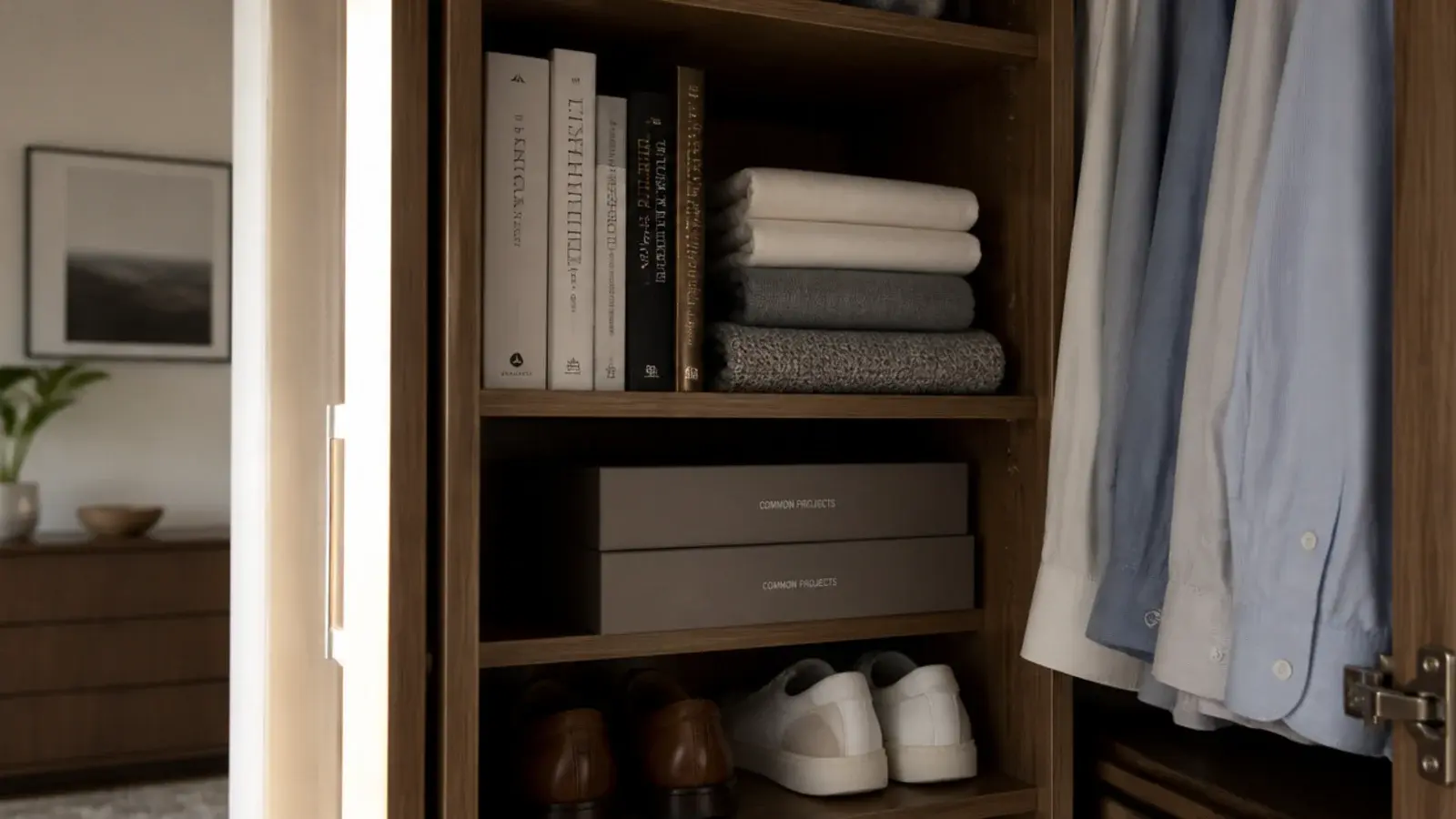 books stored on a shelf inside an open wardrobe beside folded linen