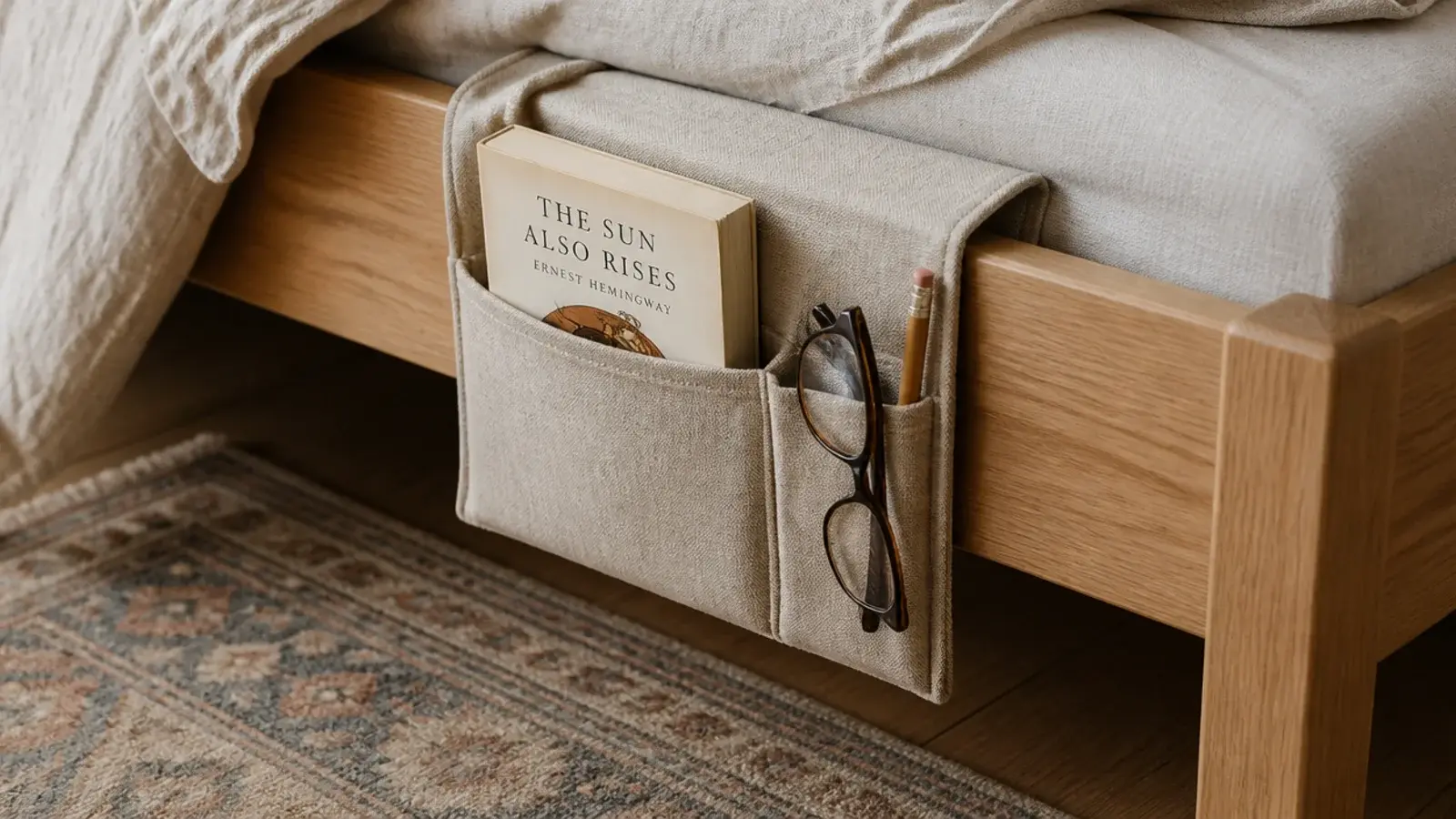 fabric caddy hooked over a bed frame holding the current book
