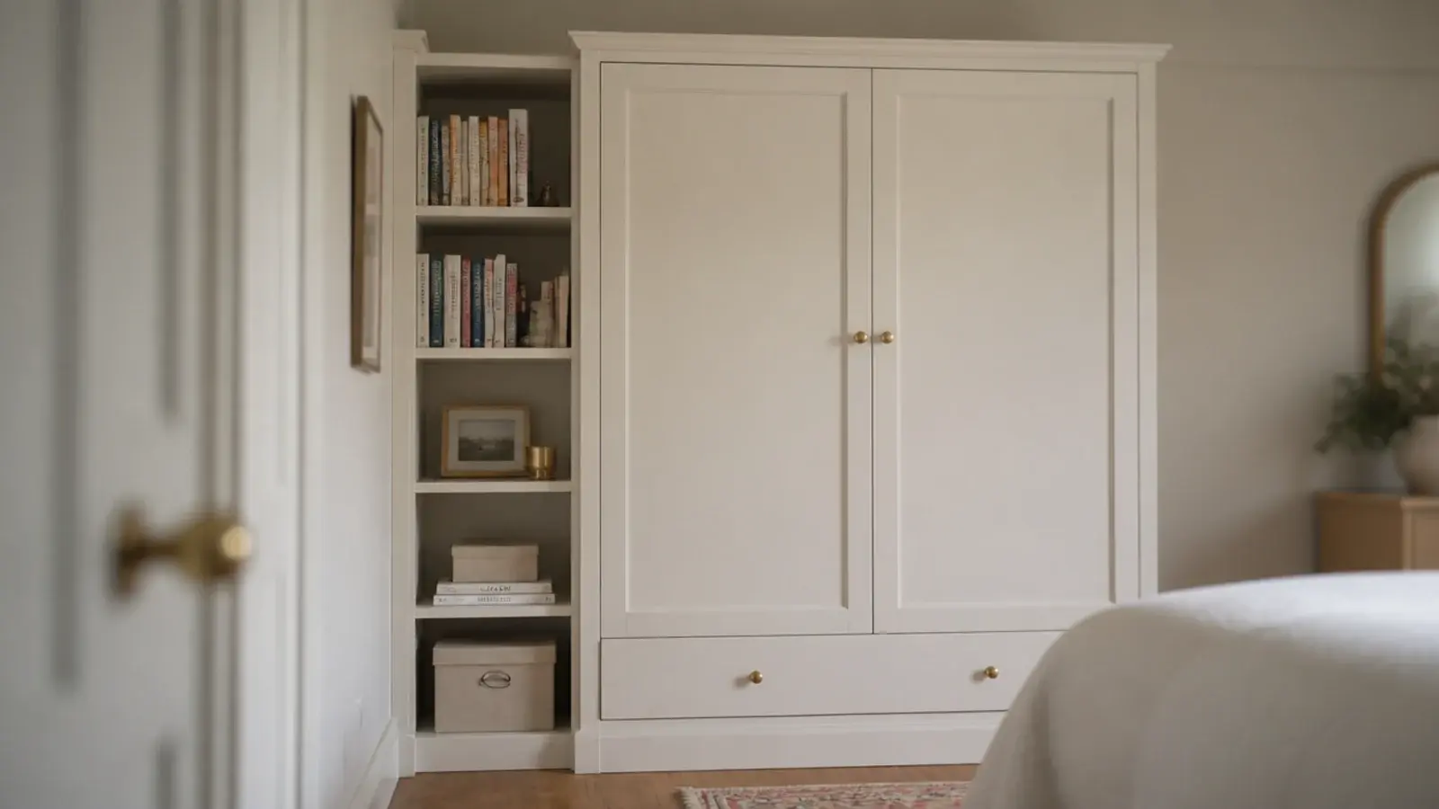 tall narrow bookcase standing flush beside a bedroom wardrobe