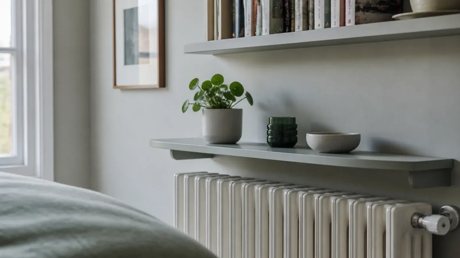 painted shelf above a bedroom radiator with a clear air gap below