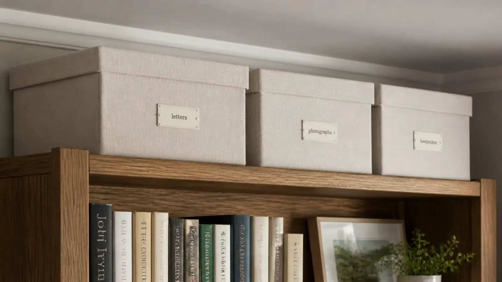 pale lidded storage boxes lined up on a high bedroom shelf