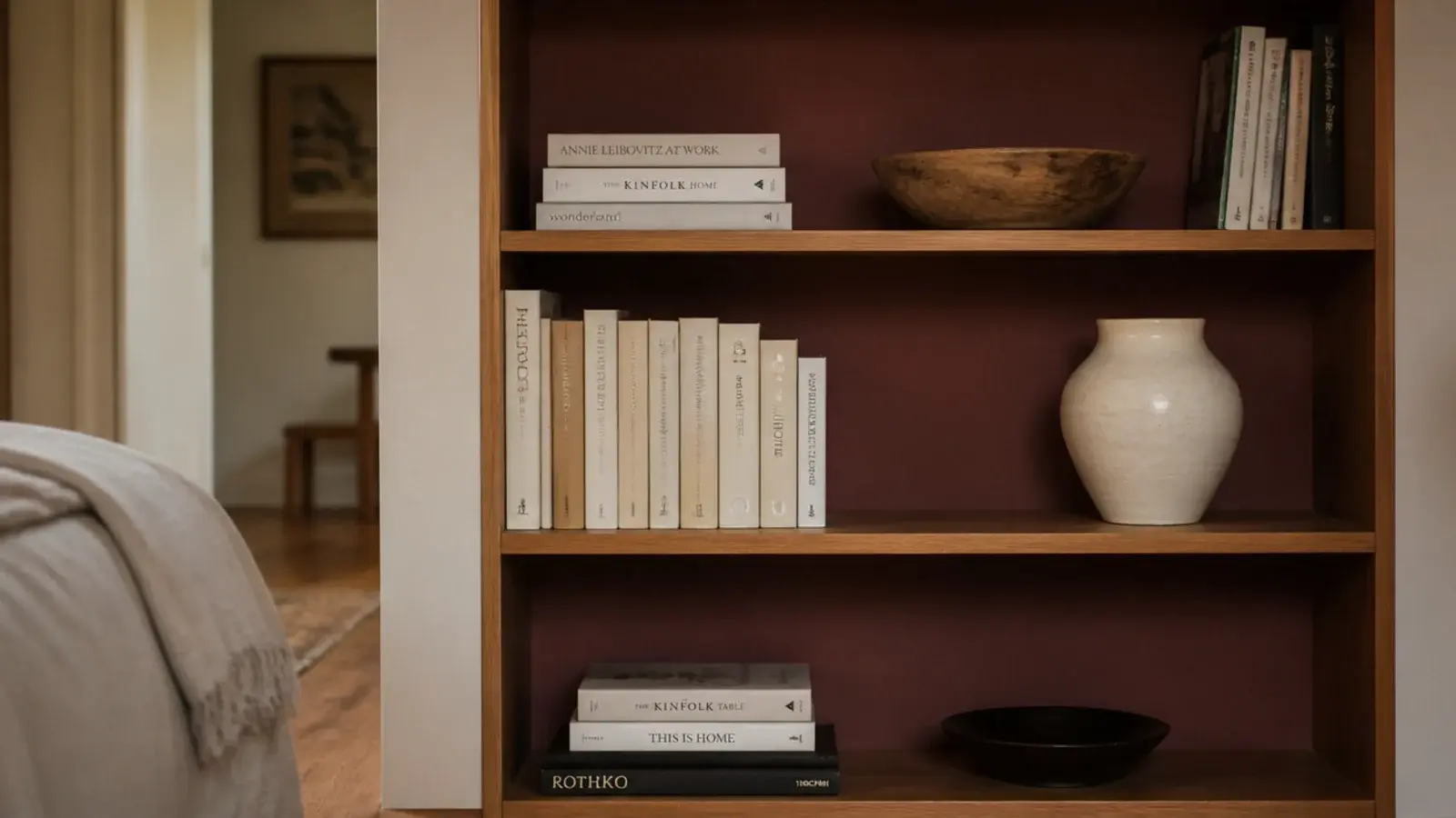 bedroom bookcase with a deep clay painted back panel behind books