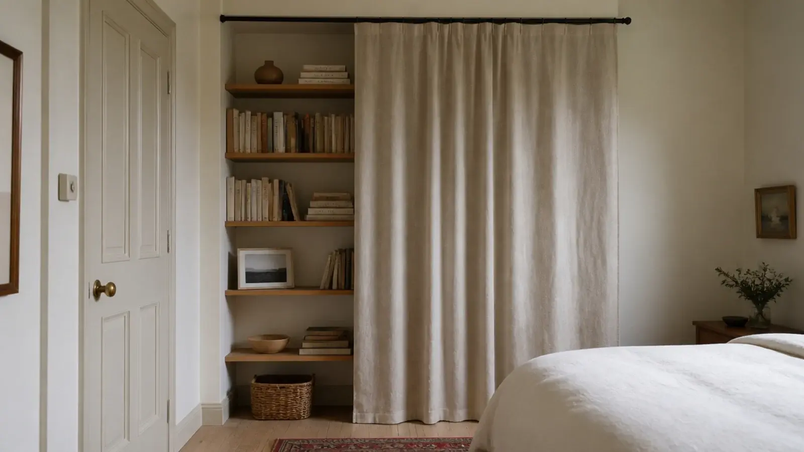 linen curtain drawn across bedroom shelving hiding stored books