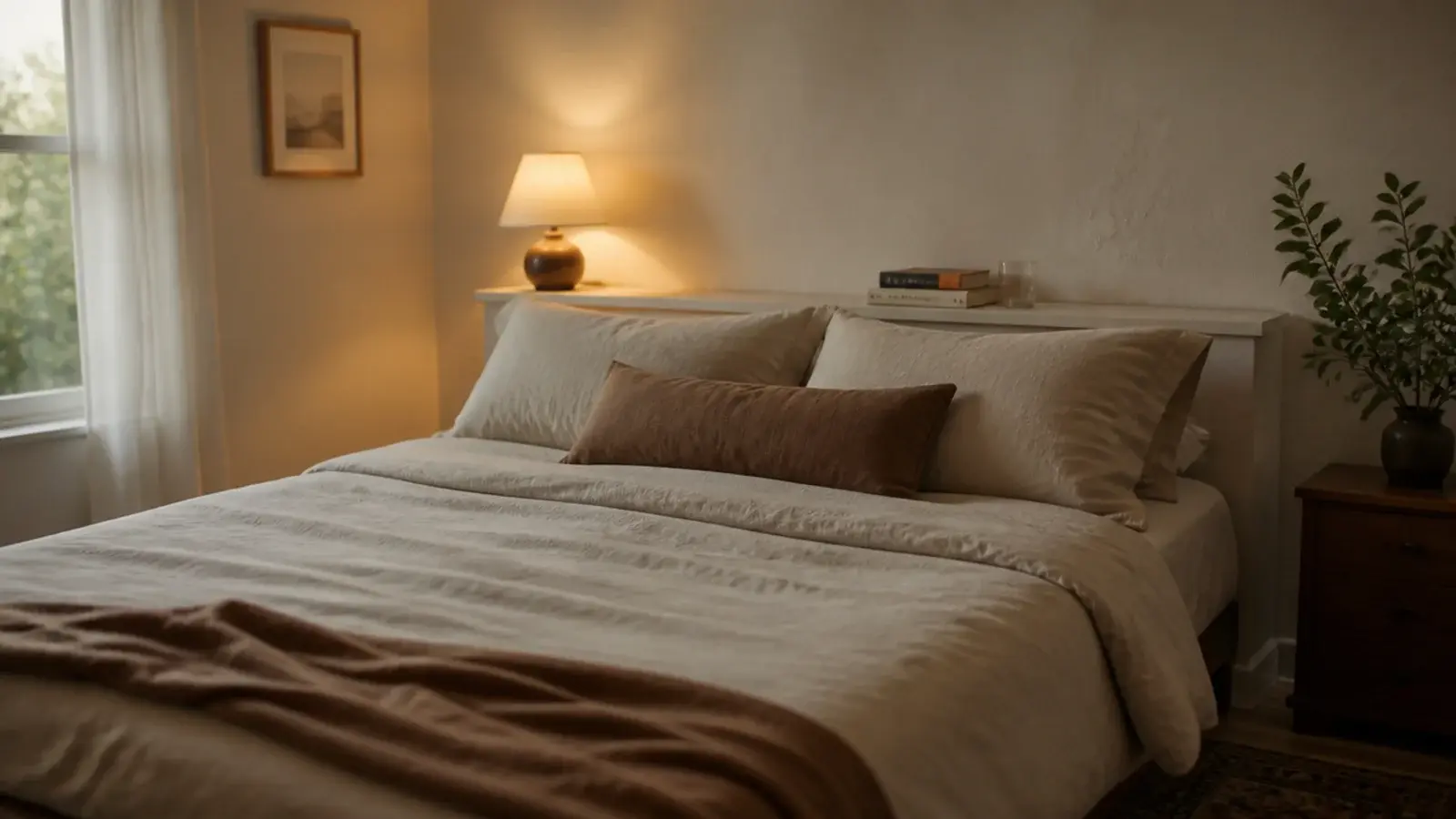 shallow shelf running behind a bed pulled away from the wall