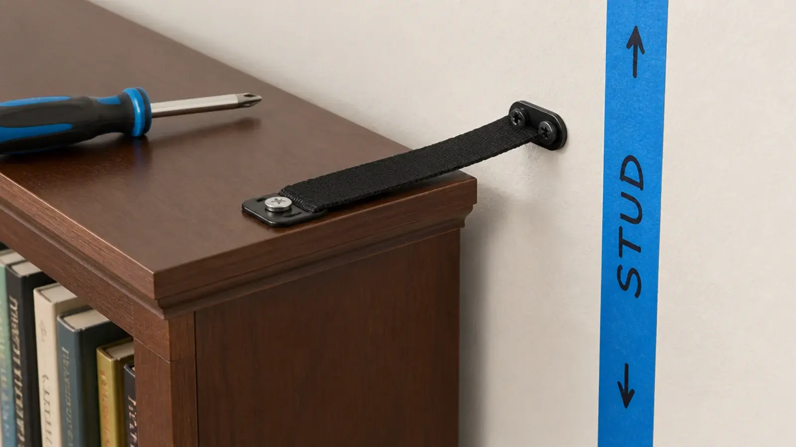 anti-tip strap fixed from a bedroom bookcase into a wall stud