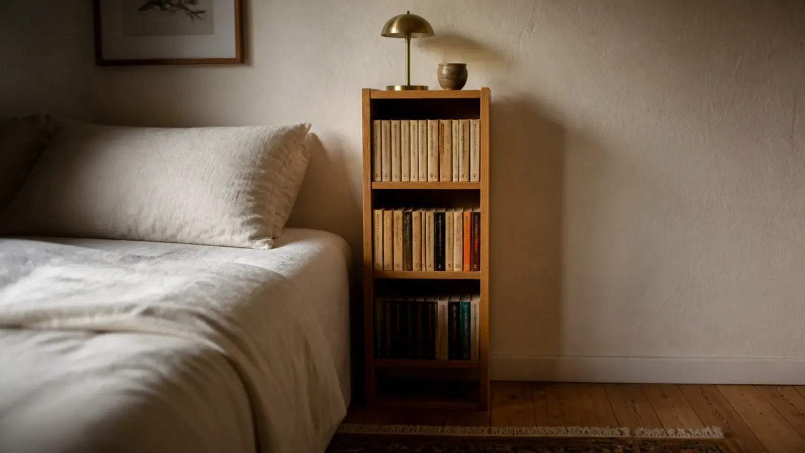 bedroom bookshelf beside a linen bed holding paperbacks and one lamp