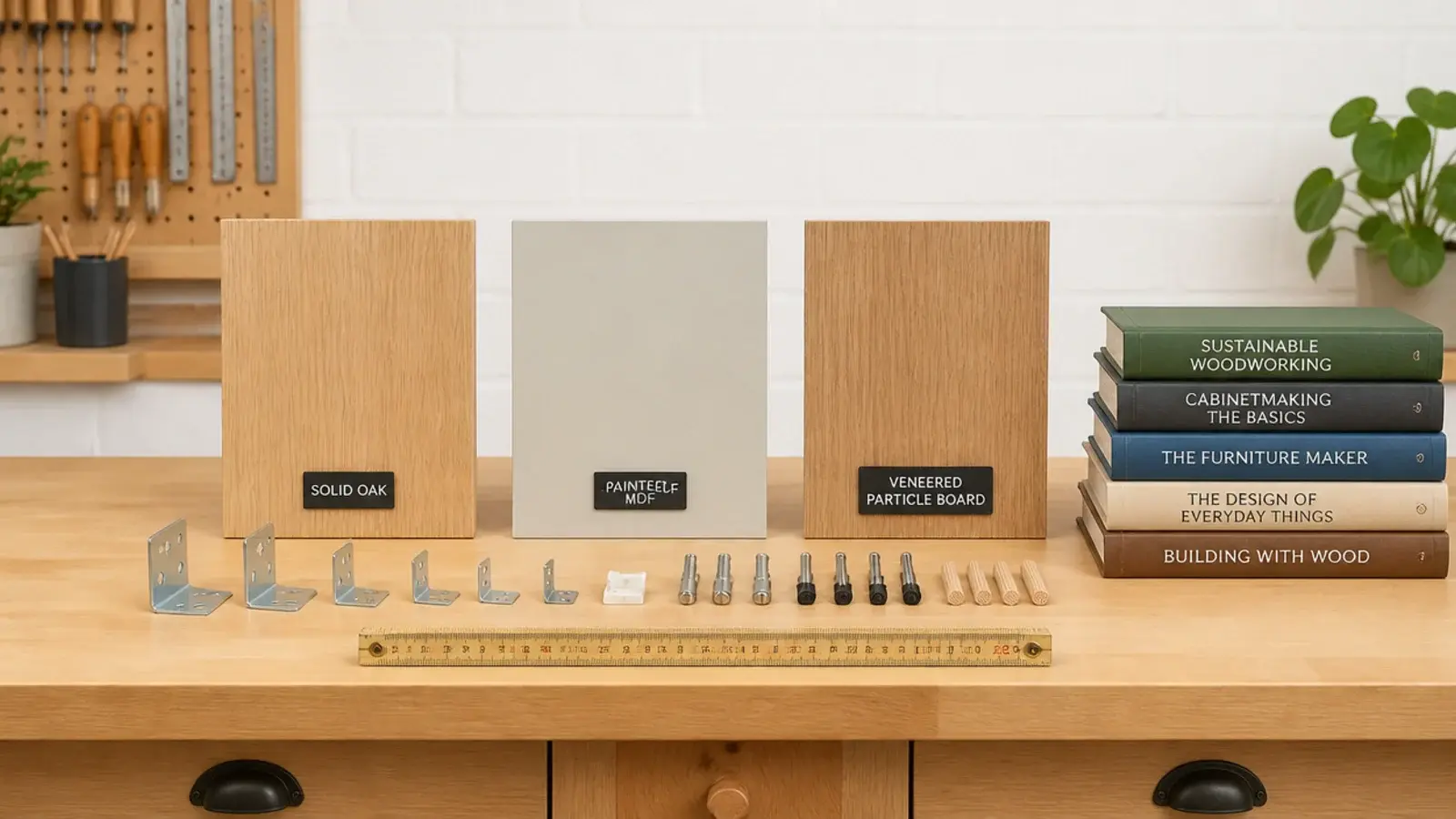 workshop bench with shelf board samples brackets and stacked books as weights