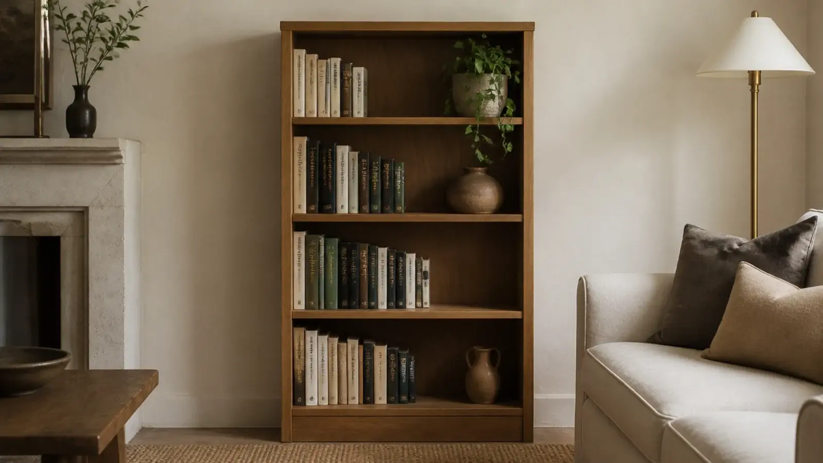 solid oak five shelf bookcase filled with books grouped by height