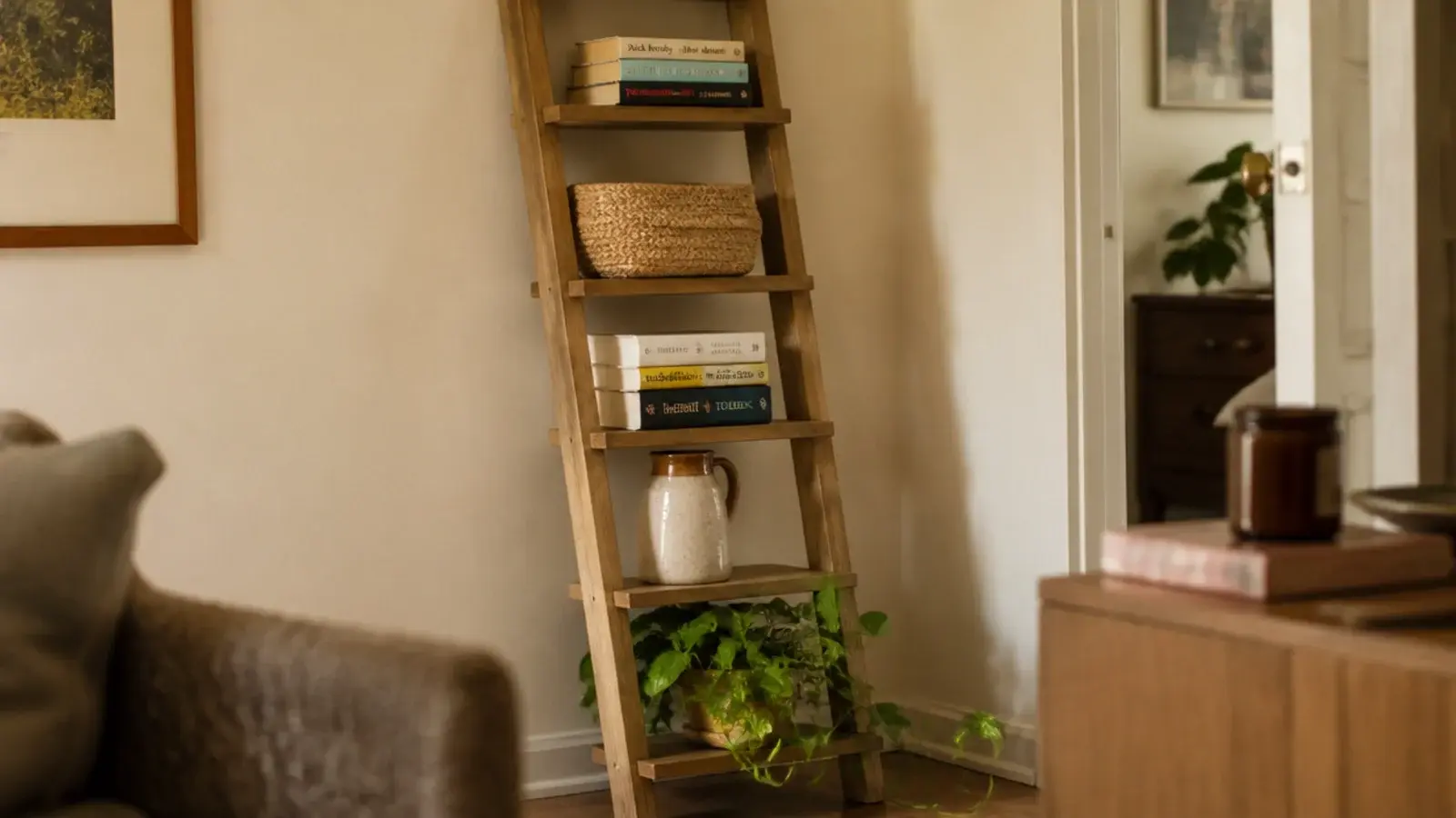 leaning oak ladder shelf holding paperbacks baskets and a small plant