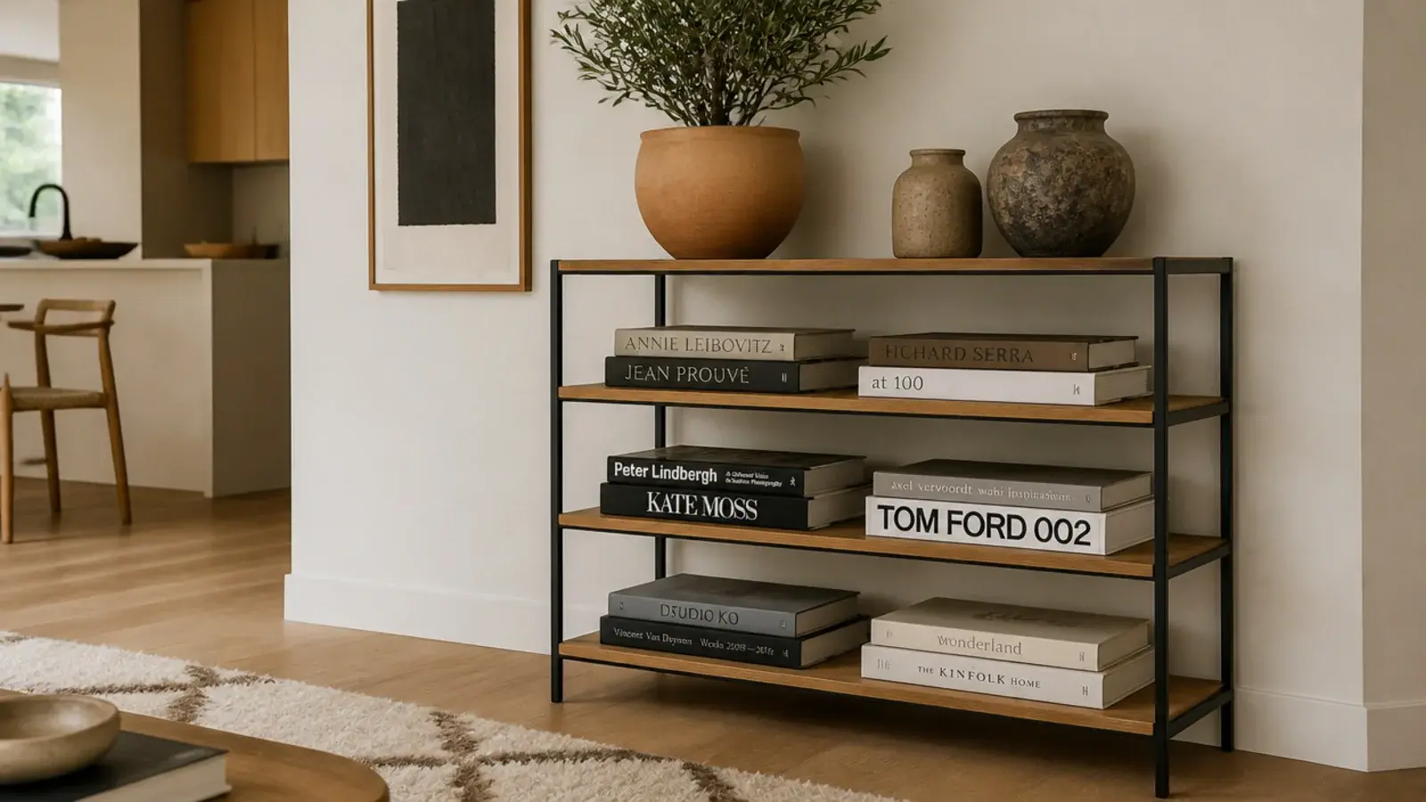 slim black steel frame tower with solid oak boards holding heavy books
