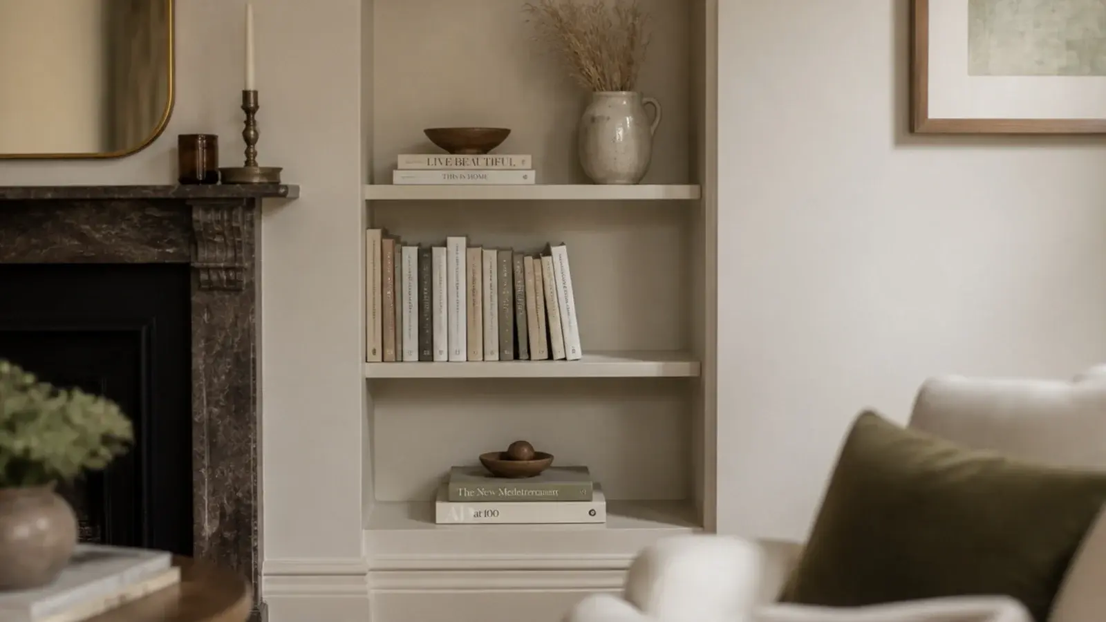 painted mdf shelving fitted into an alcove looking like fitted joinery
