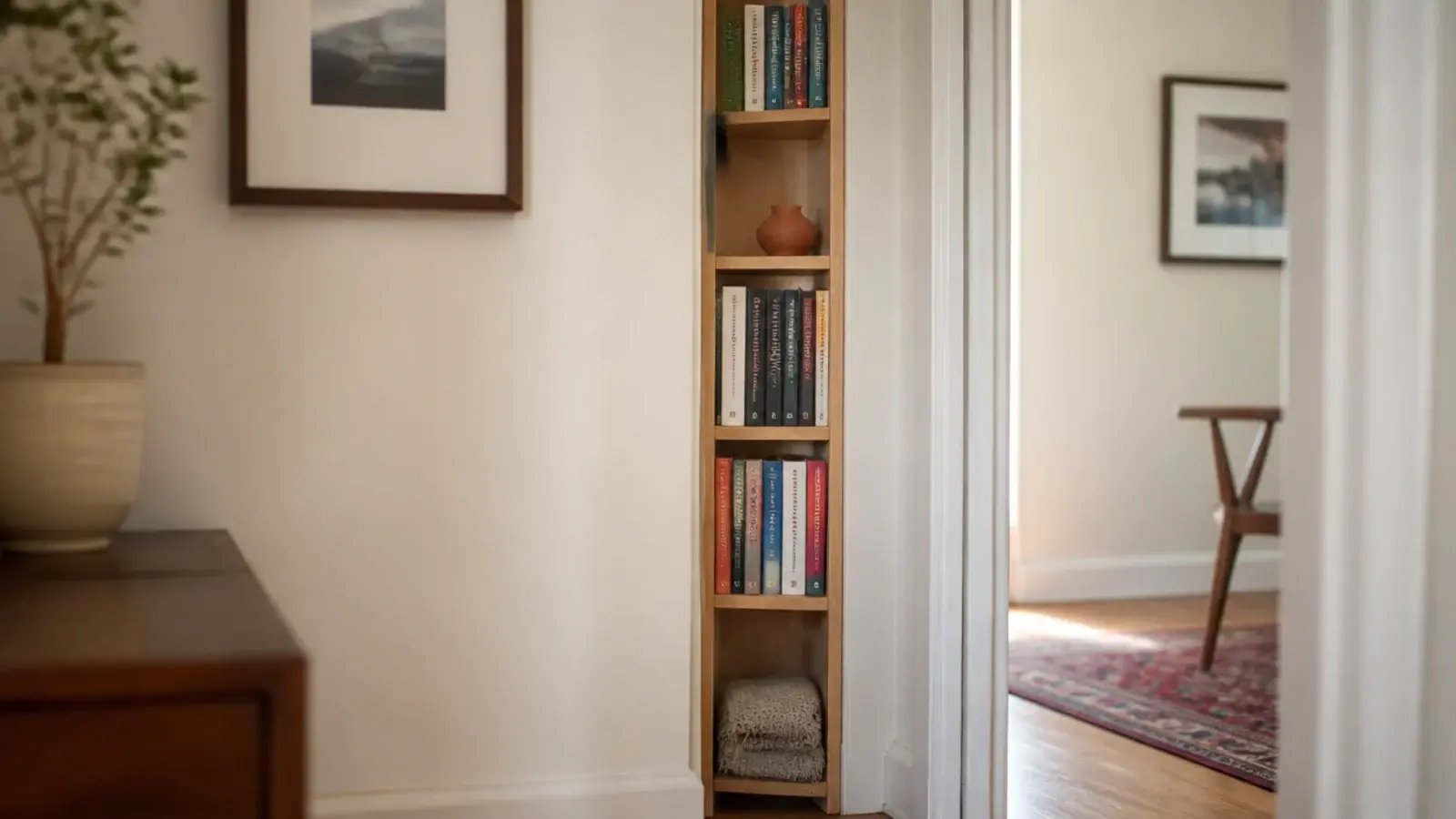 very narrow bookshelf tower fitted into a slim gap beside a doorway