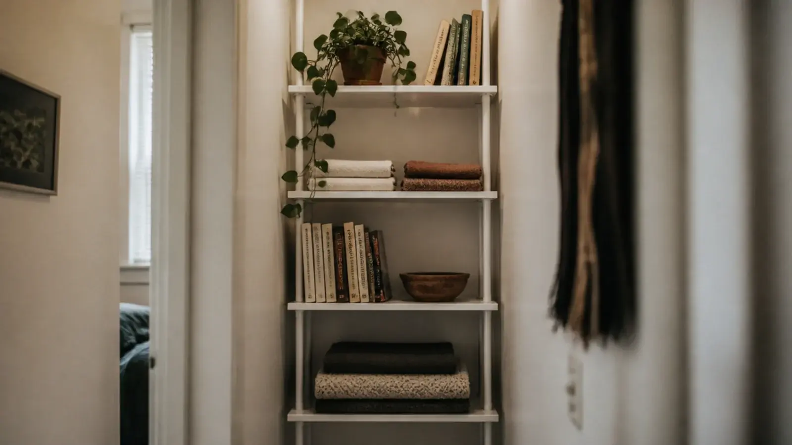 tension pole shelving wedged floor to ceiling in a rental alcove