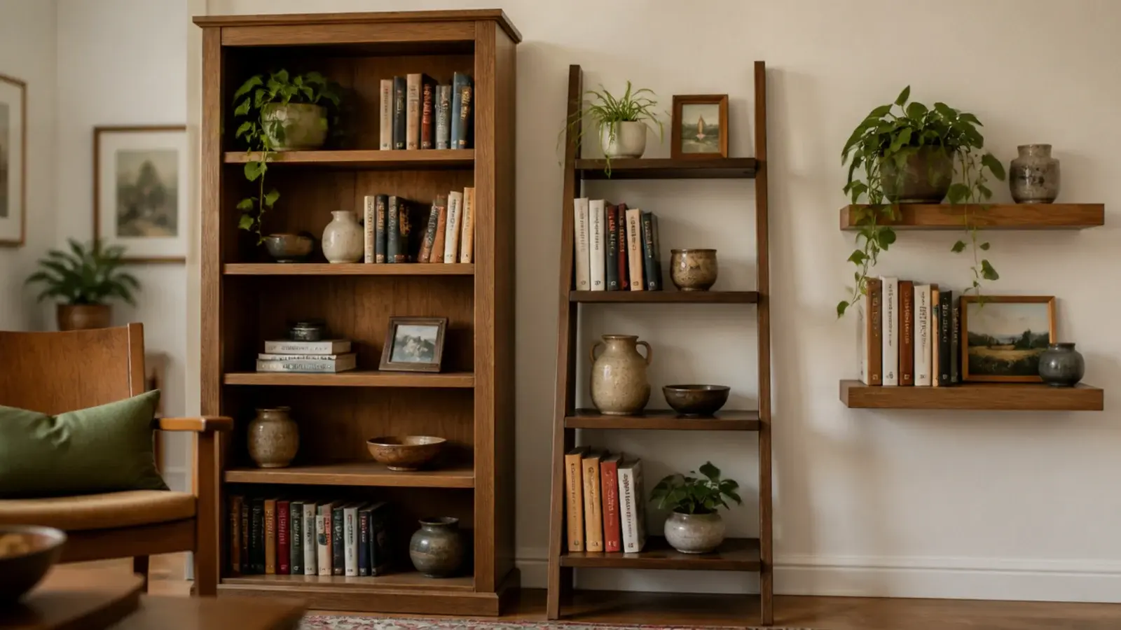 bookshelf styling across several shelf types with books pottery and plants