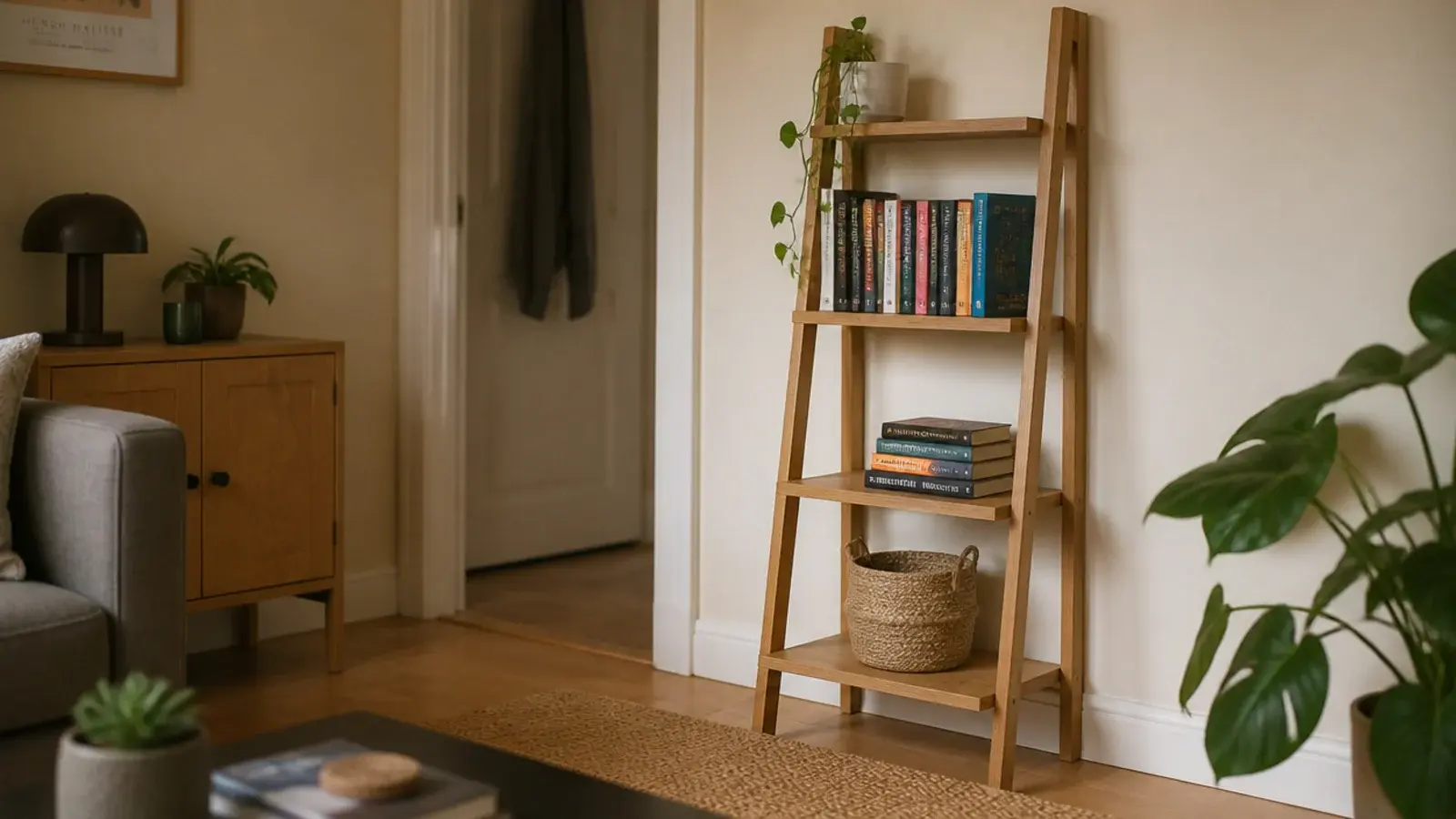 leaning oak ladder shelf filling a previously empty rental corner with books