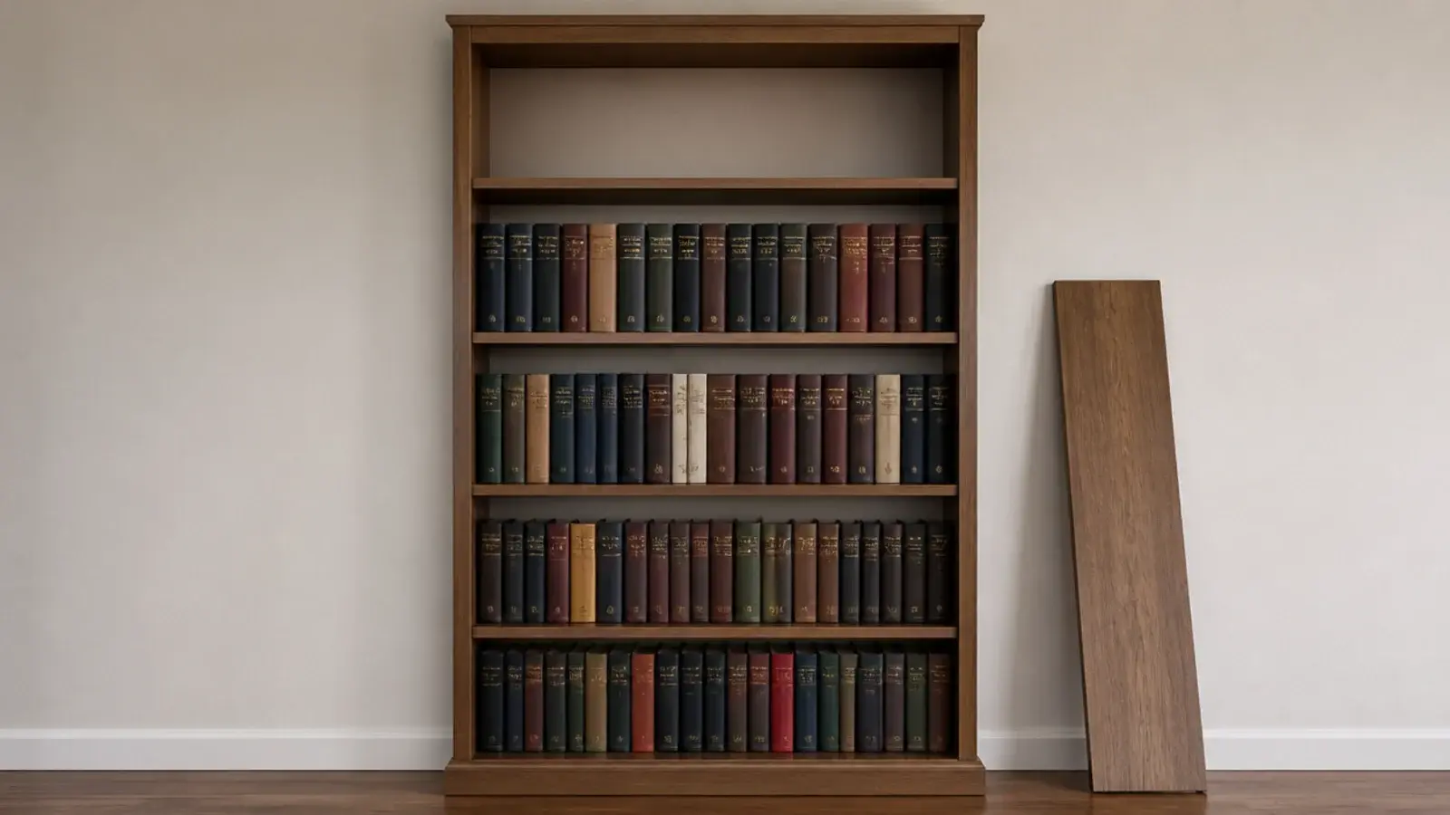 hardbacks standing upright after one shelf was removed and gaps respaced