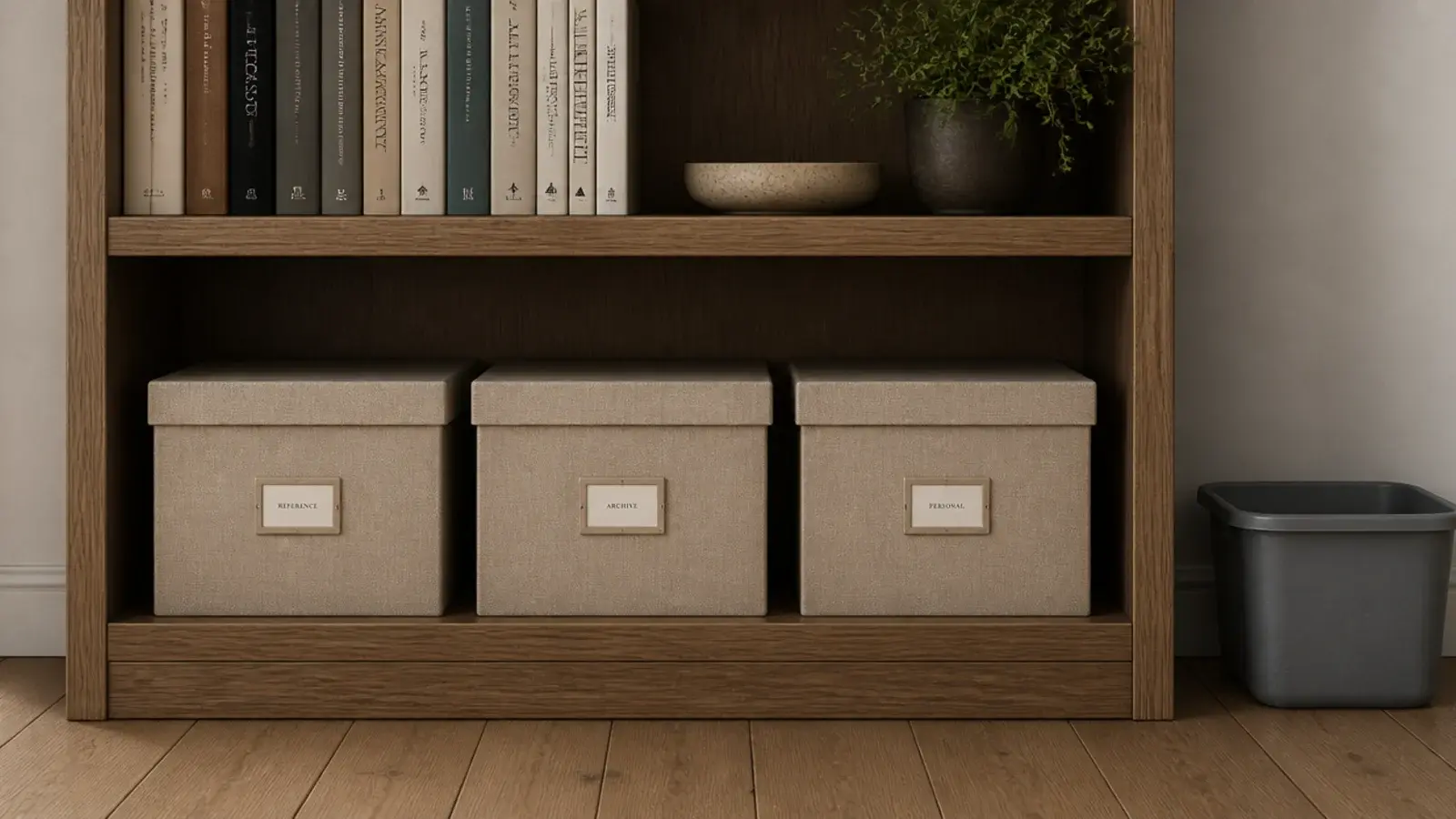 linen covered boxes replacing plastic bins on the lower shelves of a case