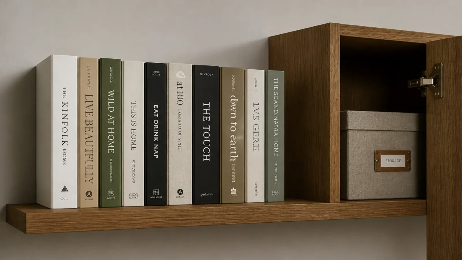 single row of books on a shelf with the overflow boxed in a cupboard