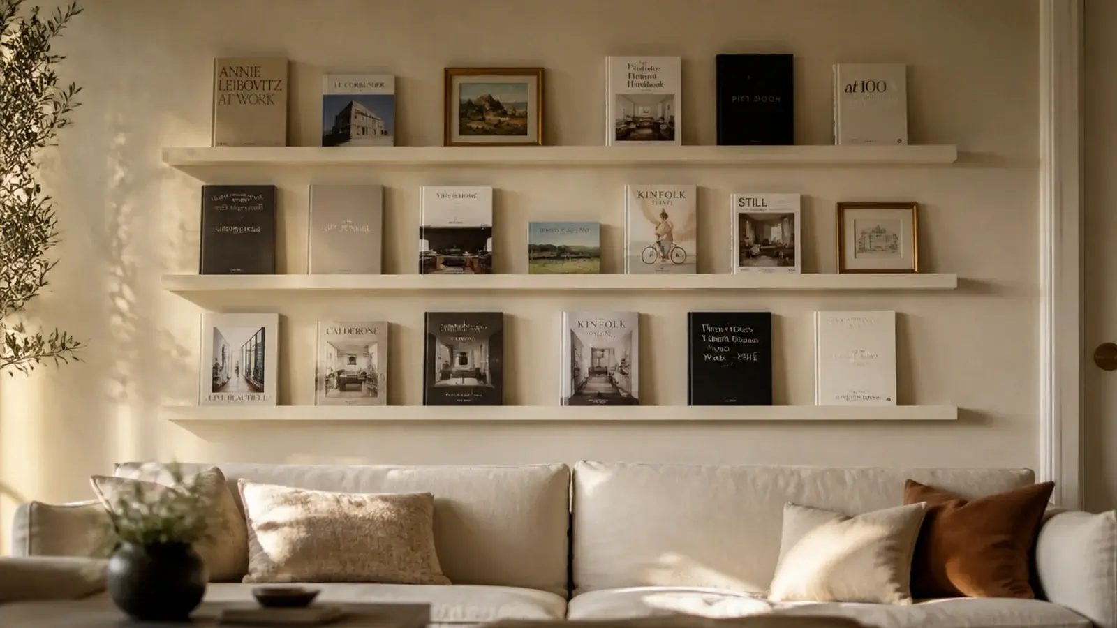 three picture ledges above a linen sofa holding forward facing books
