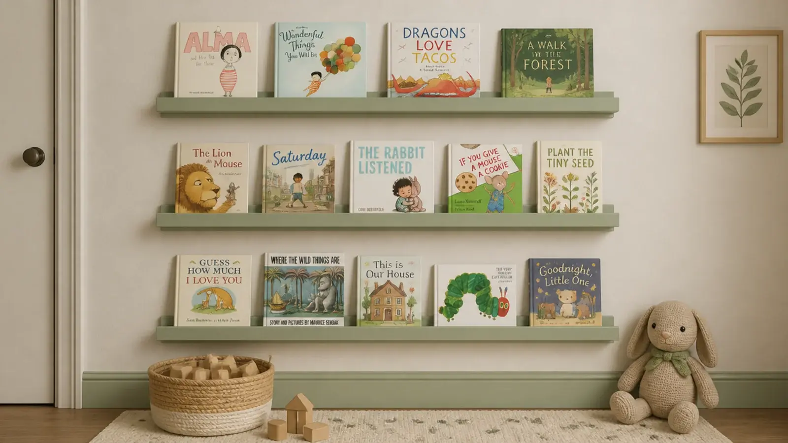 low forward facing book ledges in a child bedroom at reachable height