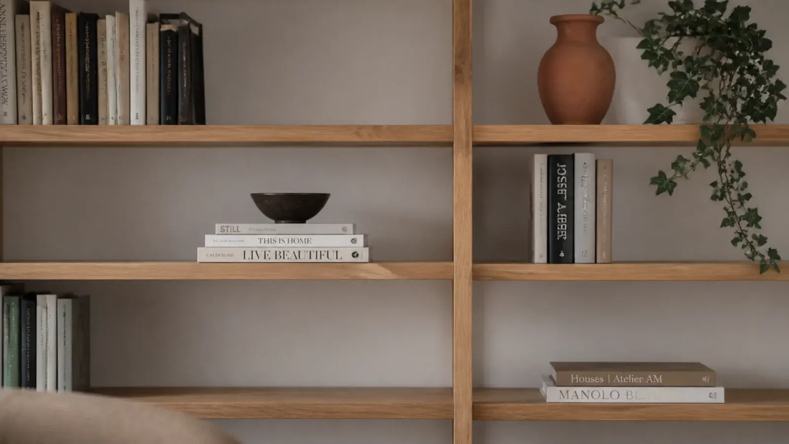calm restyled bookshelf representing the lessons from twenty makeovers