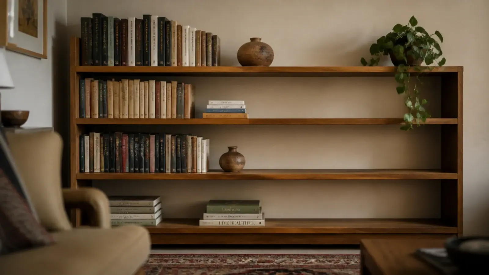 bookshelf before and after showing a crammed case restyled into calm rows